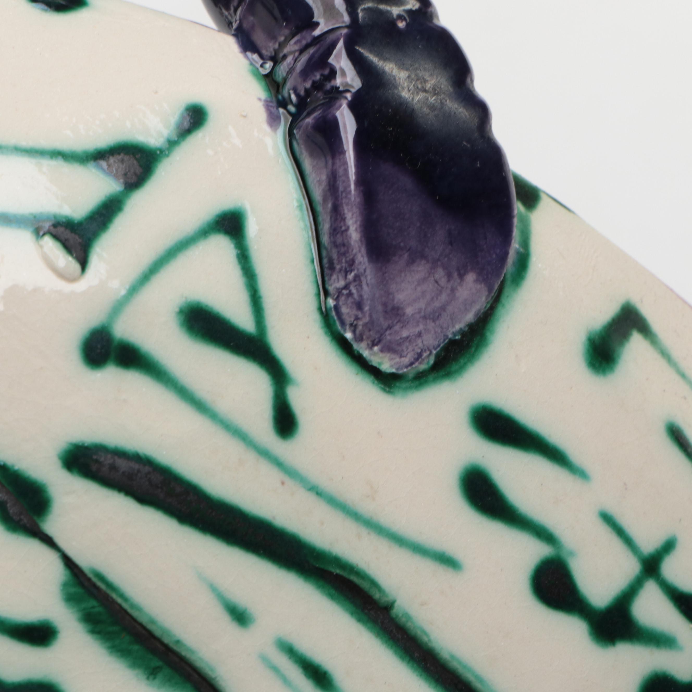 Juozas and Rasa Saldaitis Ceramic Handled Bowl with Faces and Parrot Motif