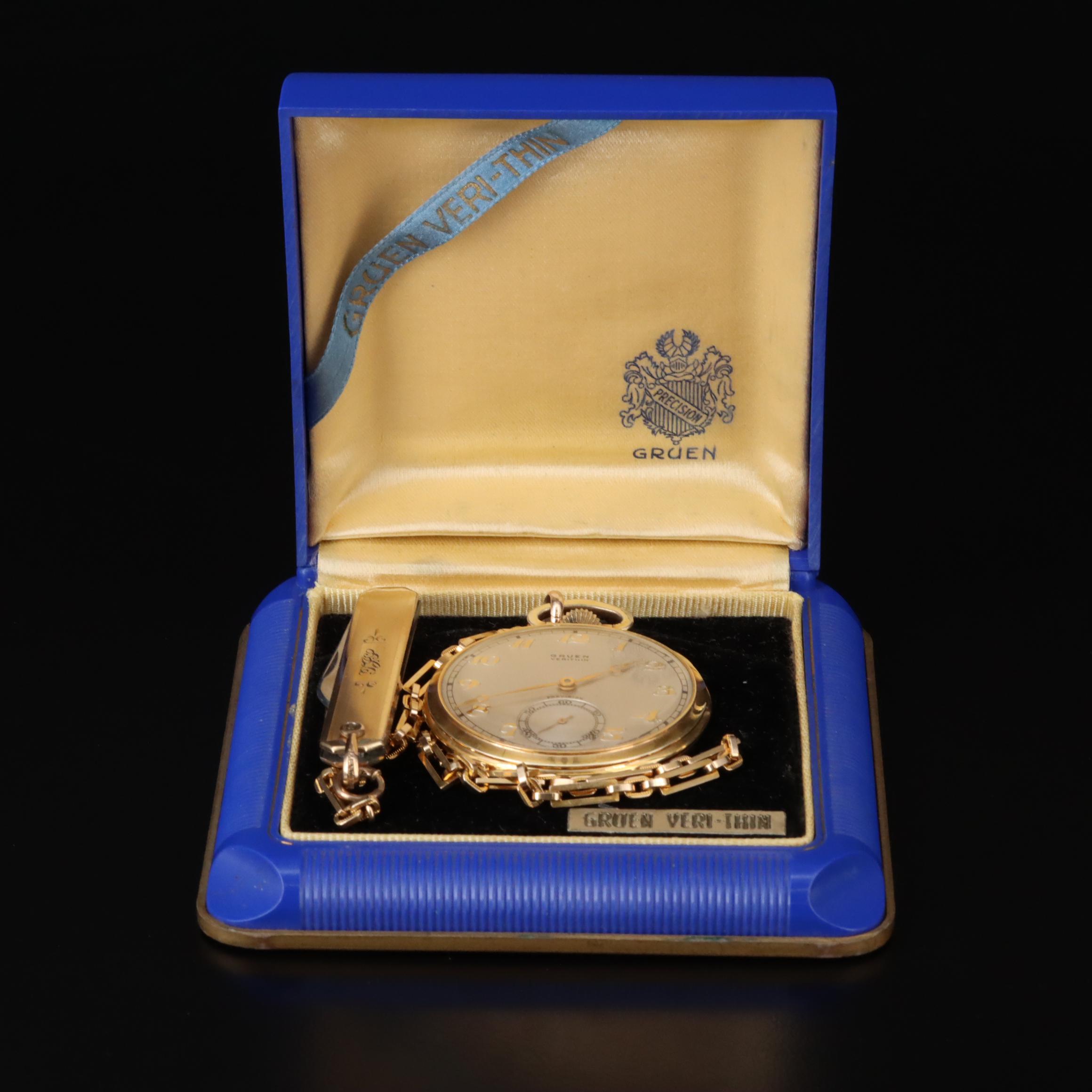 Vintage Gruen Veri-Thin Pocket Watch with Fob Chain and Pocket Knife