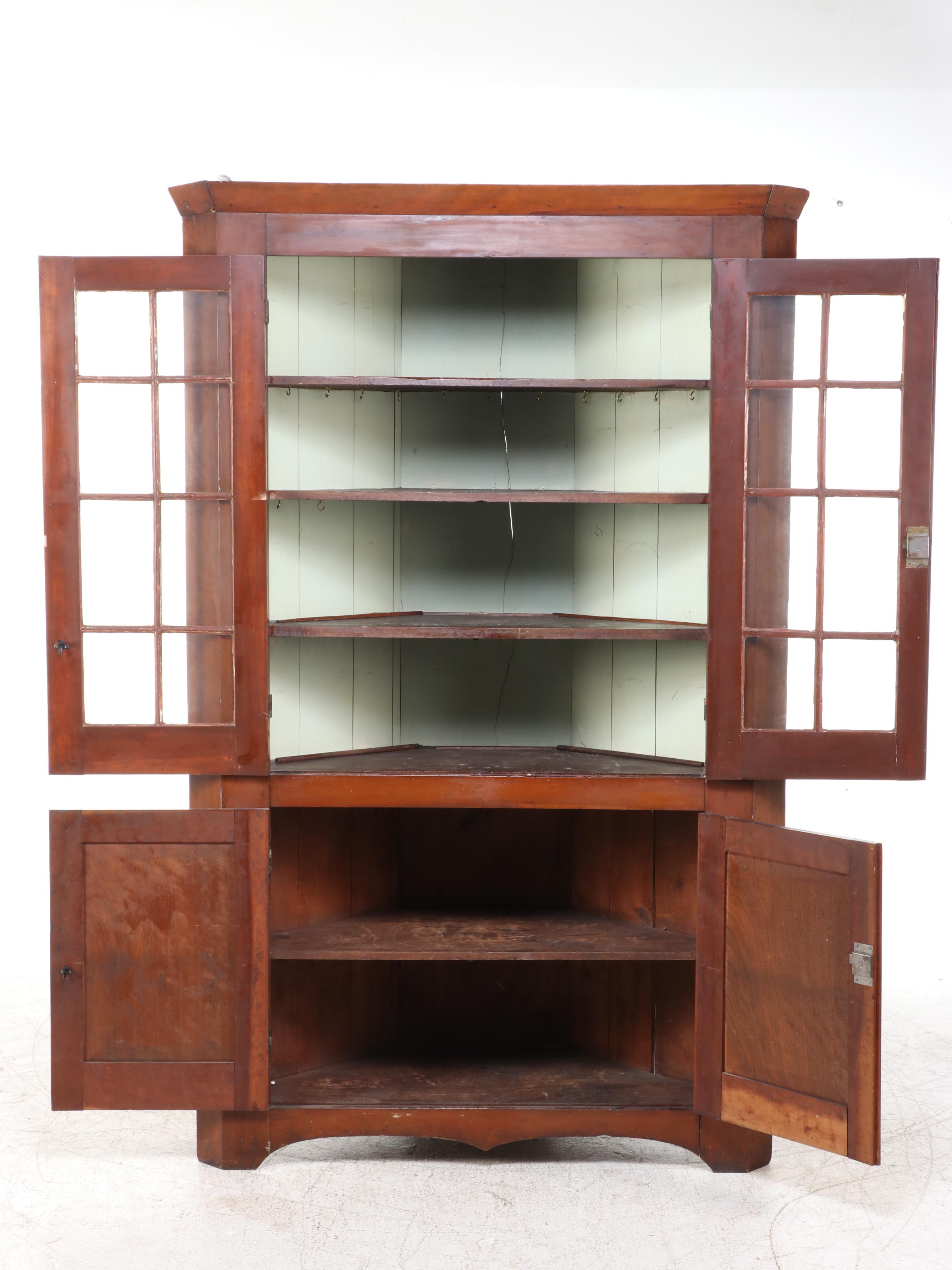 American Primitive Cherrywood Sixteen-Light Corner Cupboard, 19th Century
