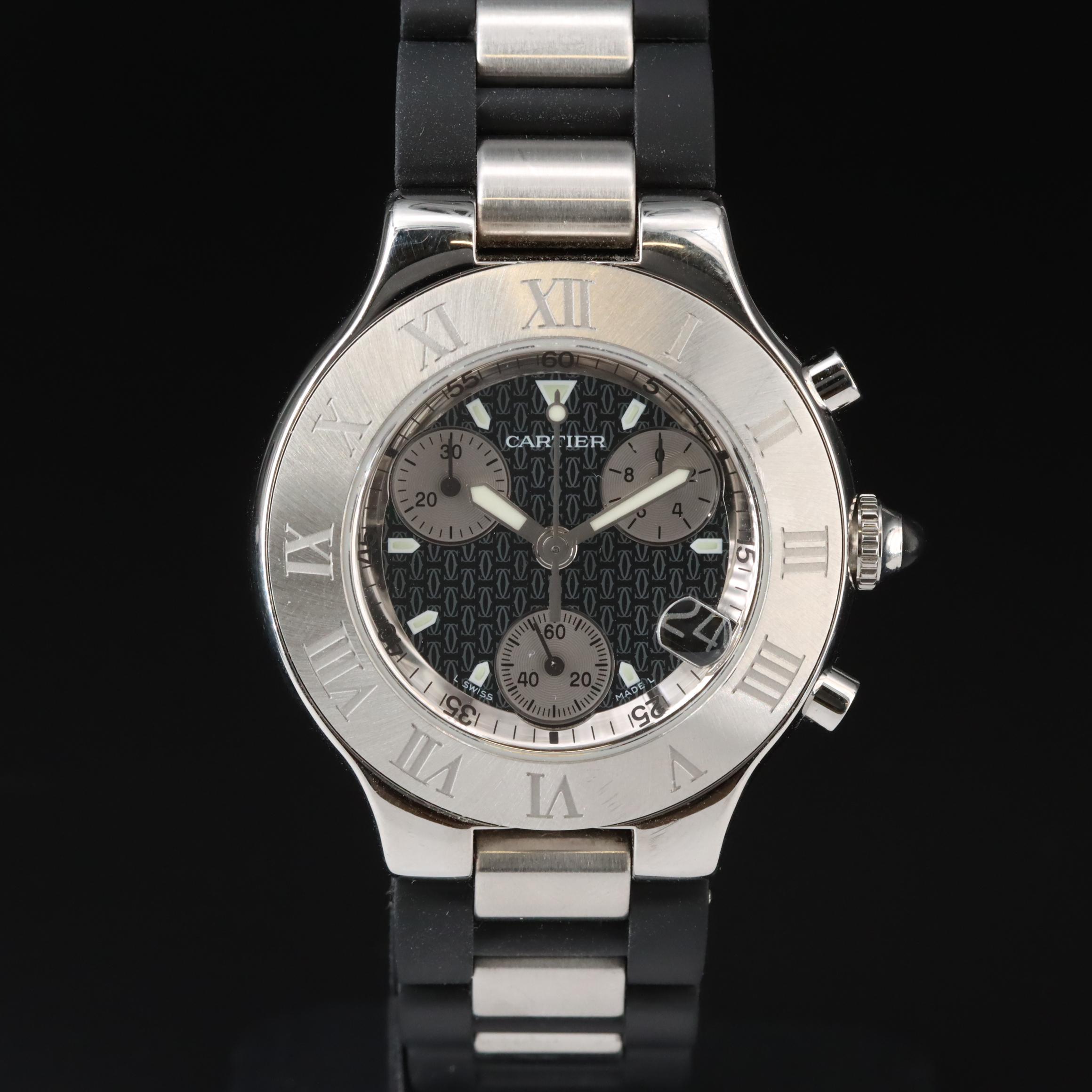 Cartier Chronoscaph 21 Chronograph Black Rubber Steel Quartz Watch