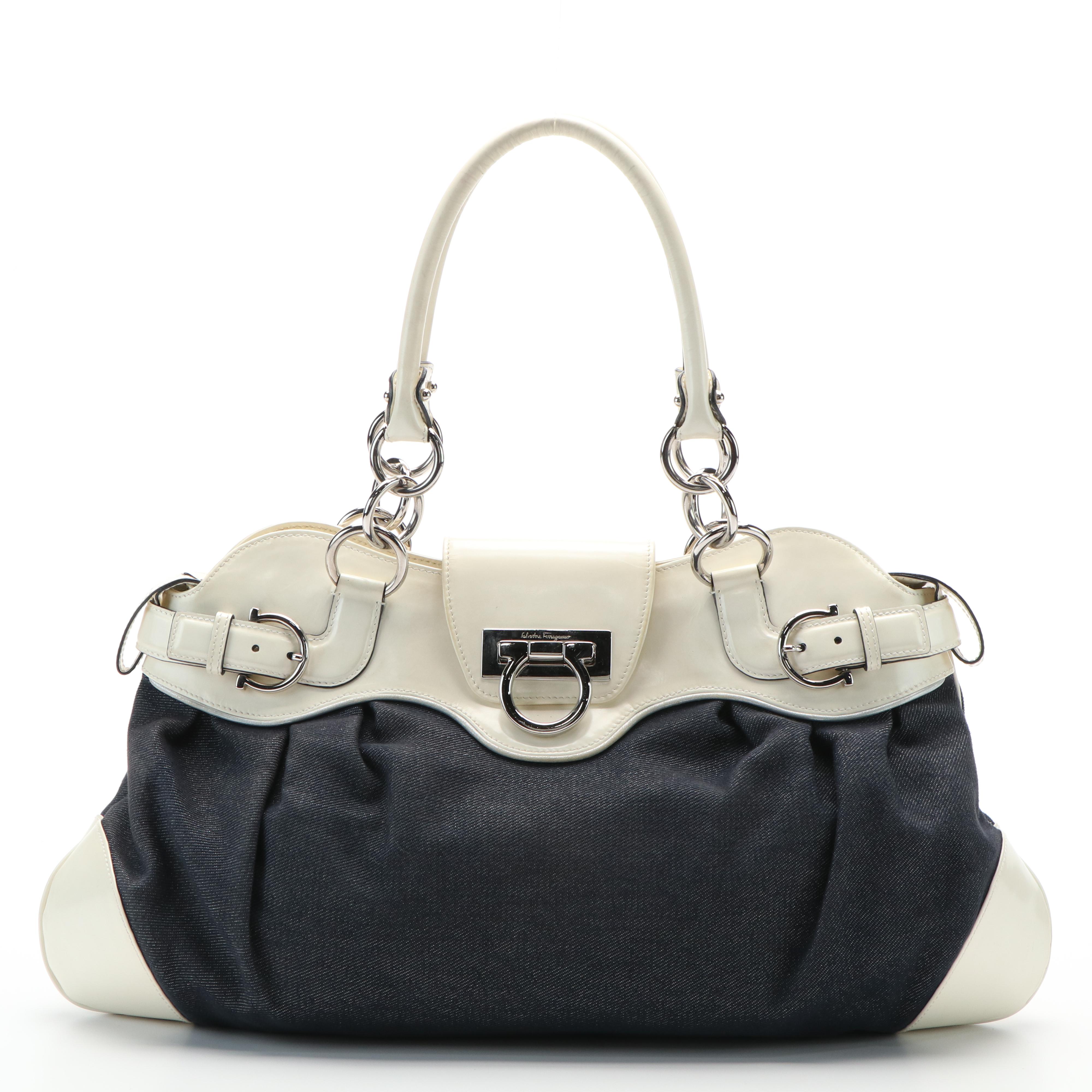 Salvatore Ferragamo Marisa Handbag in Blue Denim and Ivory Leather