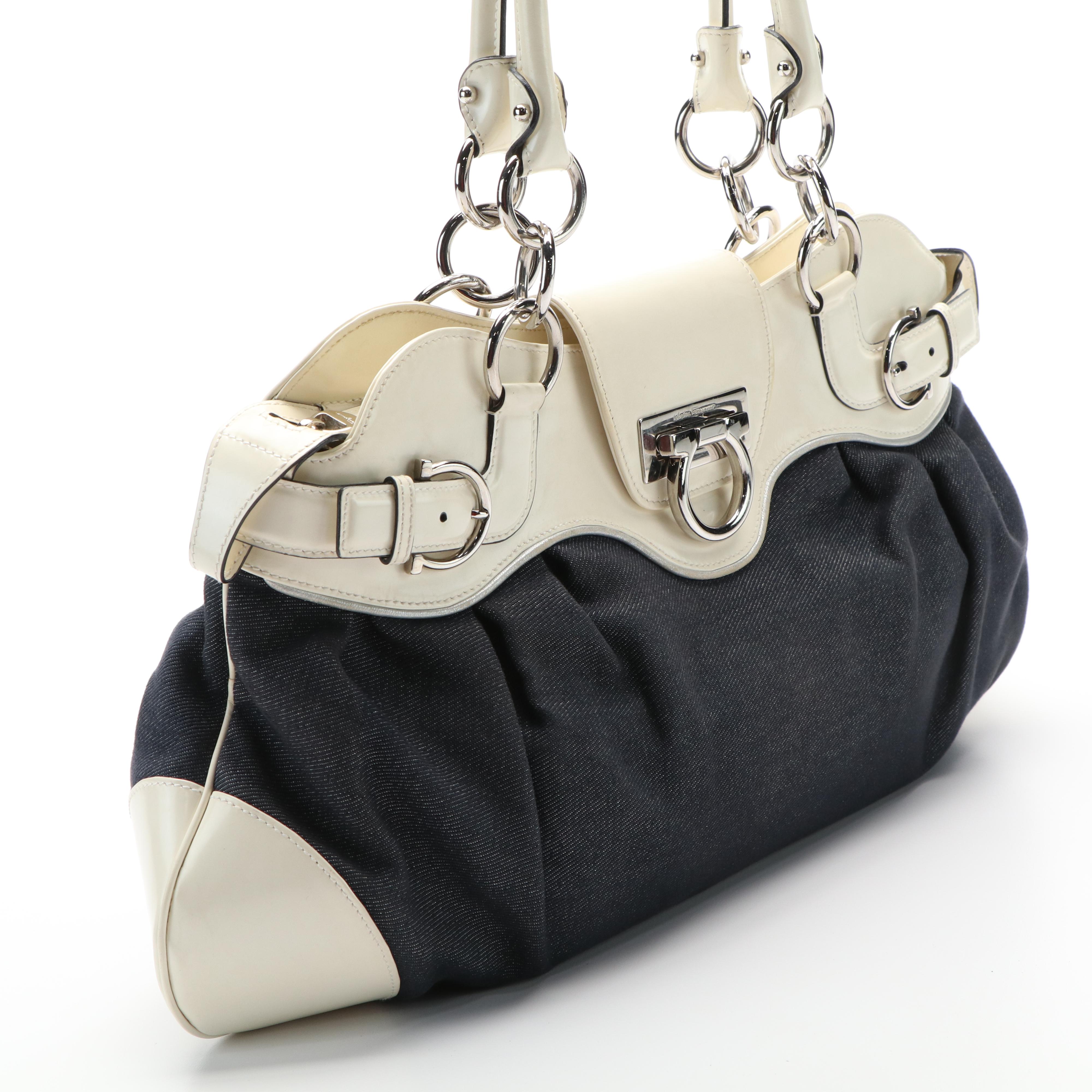 Salvatore Ferragamo Marisa Handbag in Blue Denim and Ivory Leather