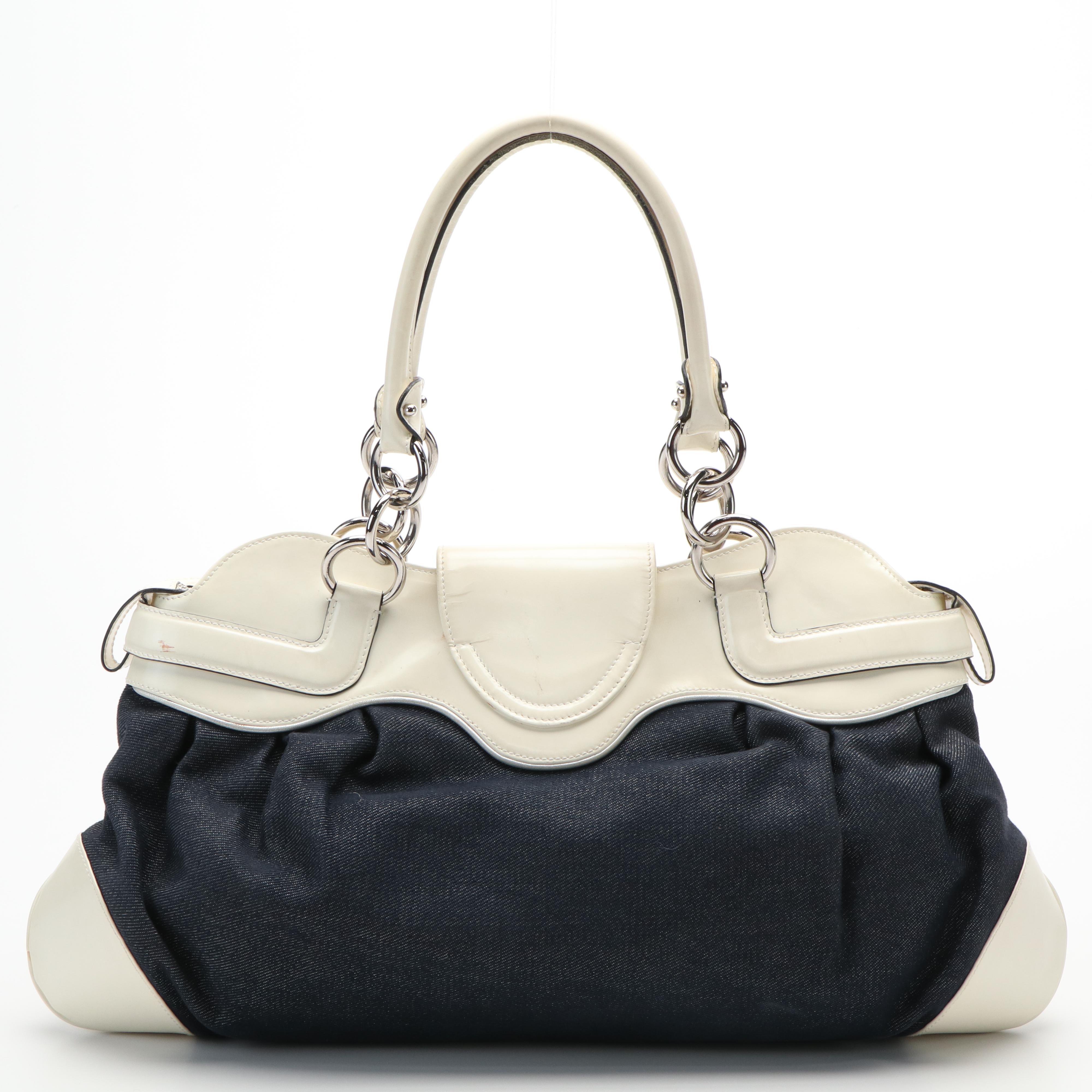 Salvatore Ferragamo Marisa Handbag in Blue Denim and Ivory Leather