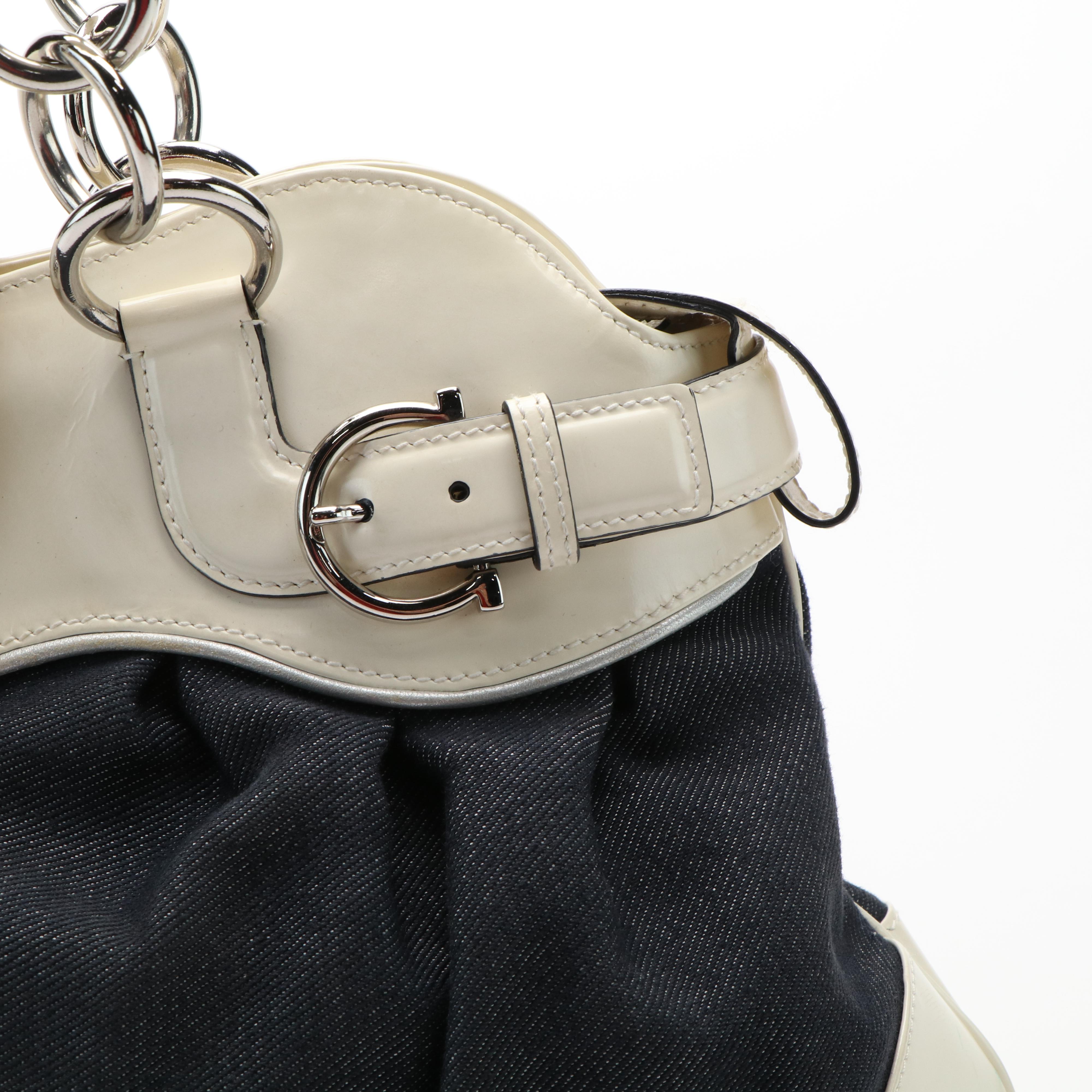 Salvatore Ferragamo Marisa Handbag in Blue Denim and Ivory Leather