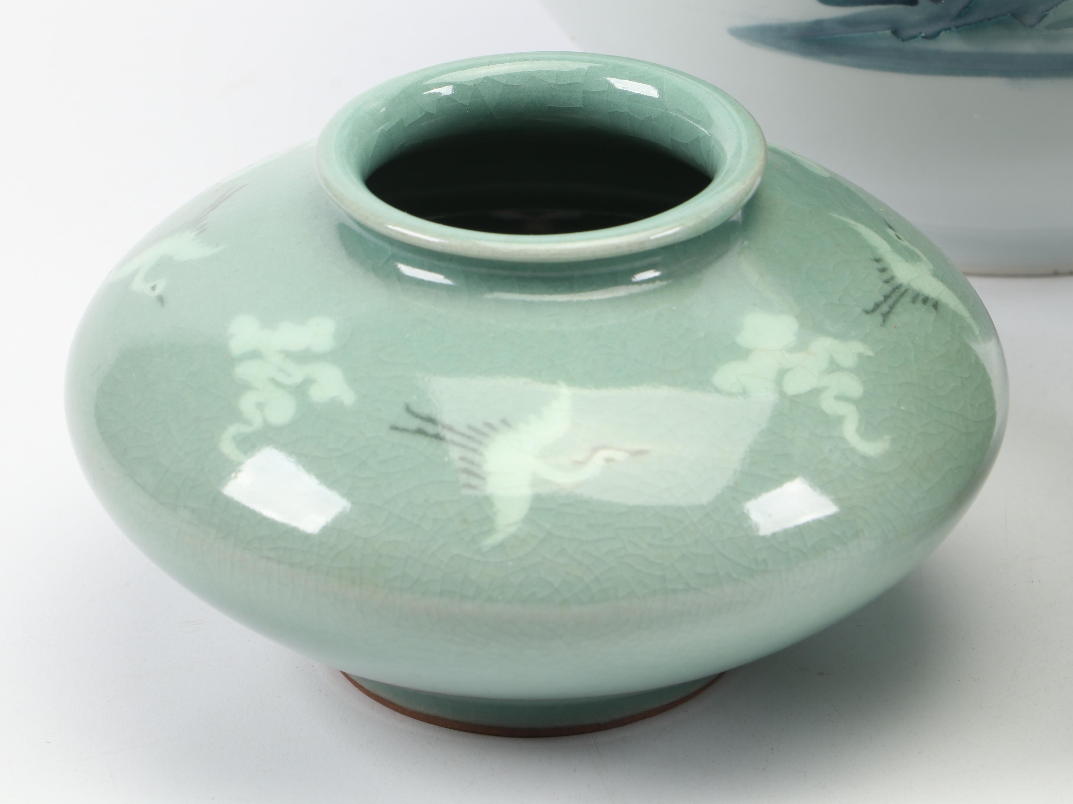 Korean Celadon Flying Crane Vase with Other Vase and Jar