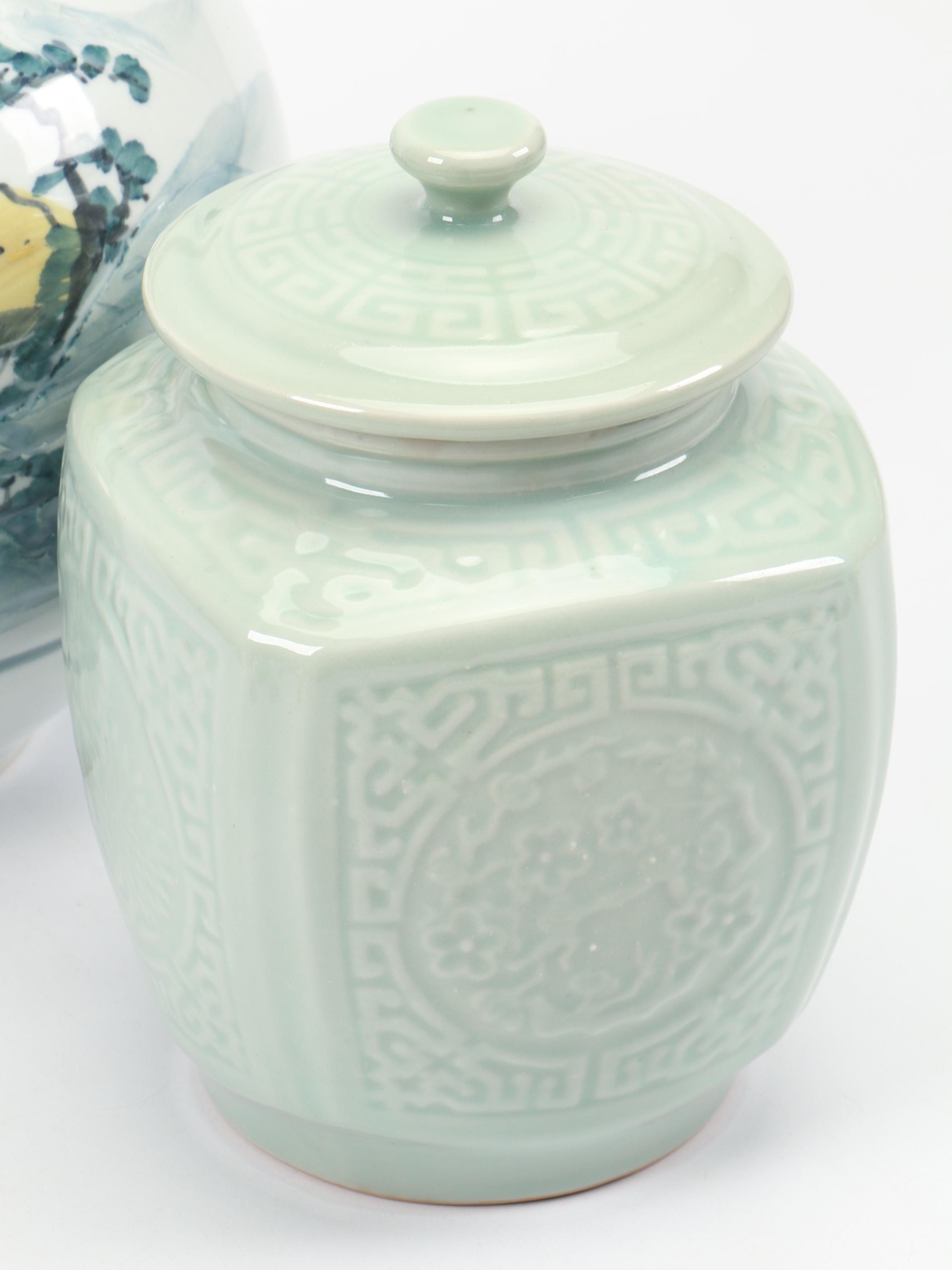 Korean Celadon Flying Crane Vase with Other Vase and Jar