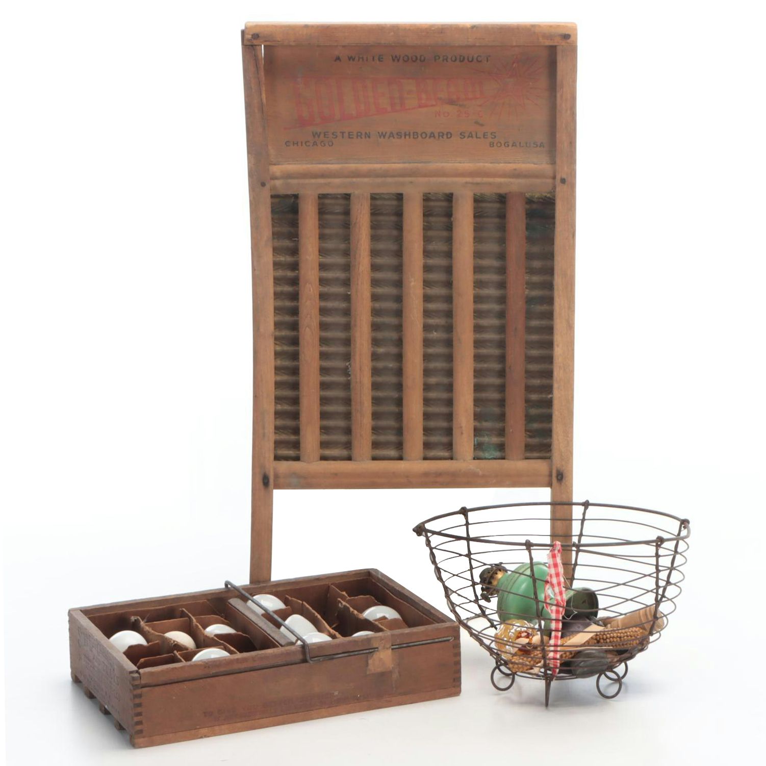 Primitive Washboard with Egg Crate, Wire Basket and Other Décor