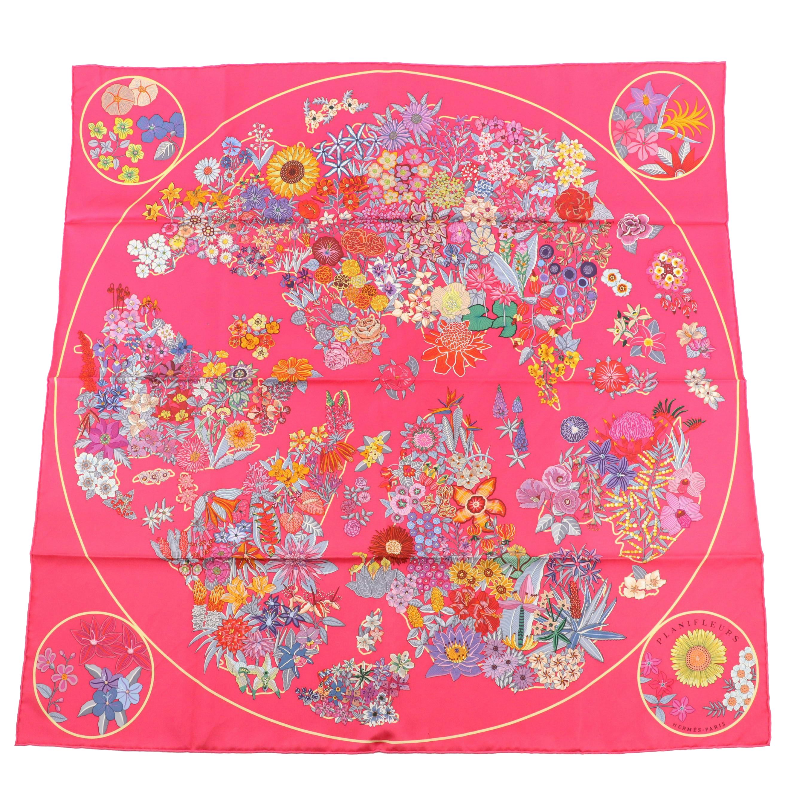 Hermès "Planifleurs" Silk Twill Scarf 90 with Box