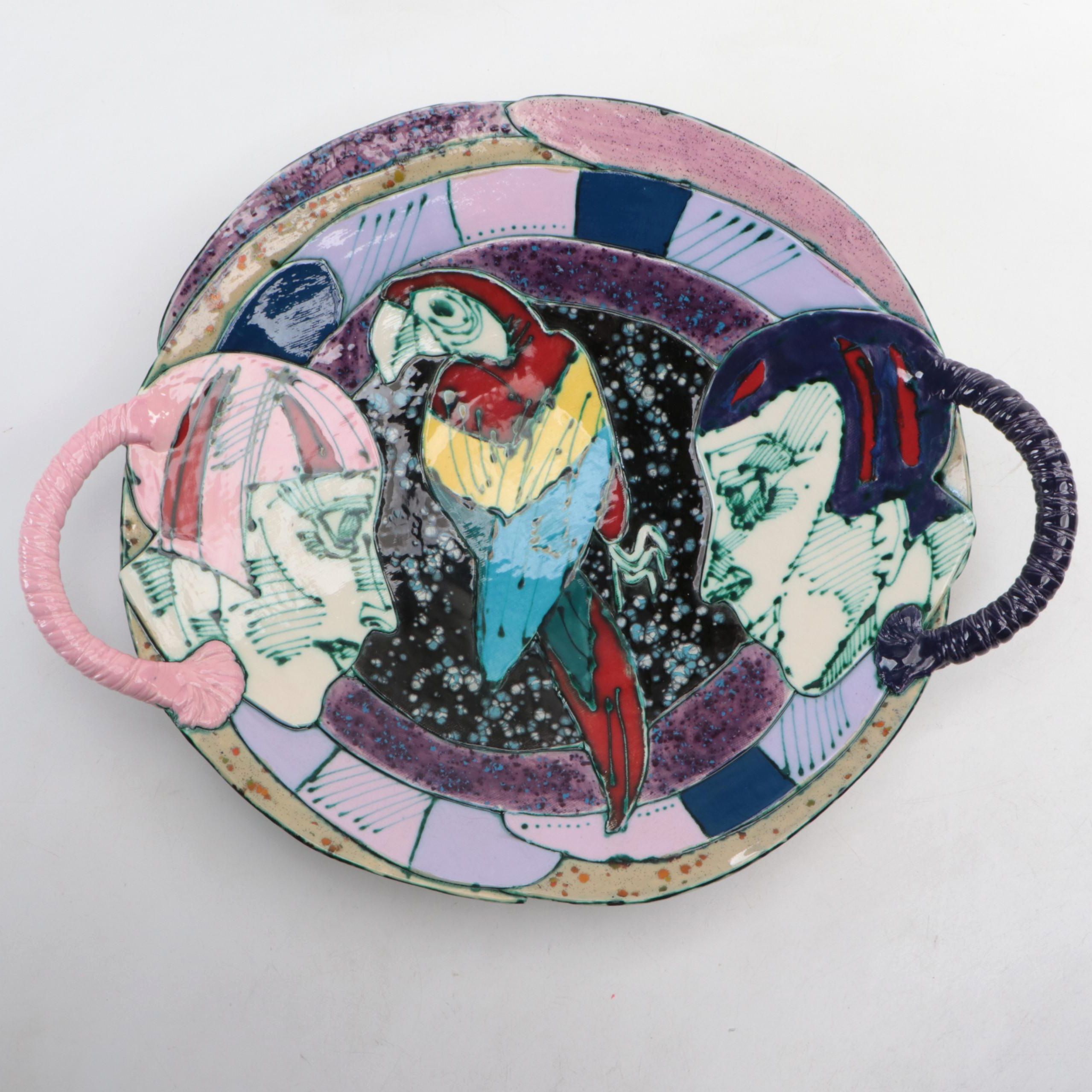 Juozas and Rasa Saldaitis Ceramic Handled Bowl with Faces and Parrot Motif