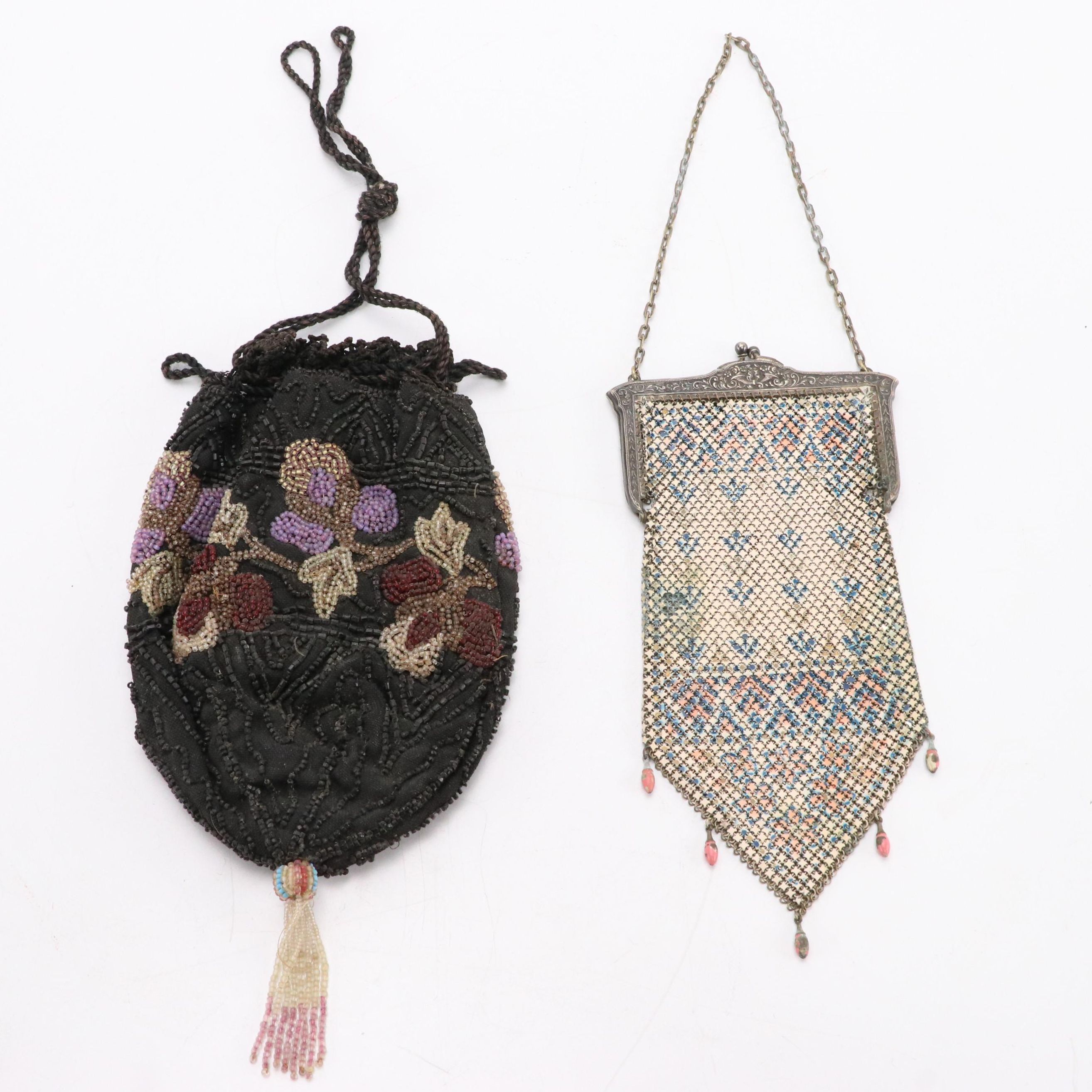 Mandalian Manufacturing Co. Enameled Metal Mesh Purse and Hand-Beaded Purse
