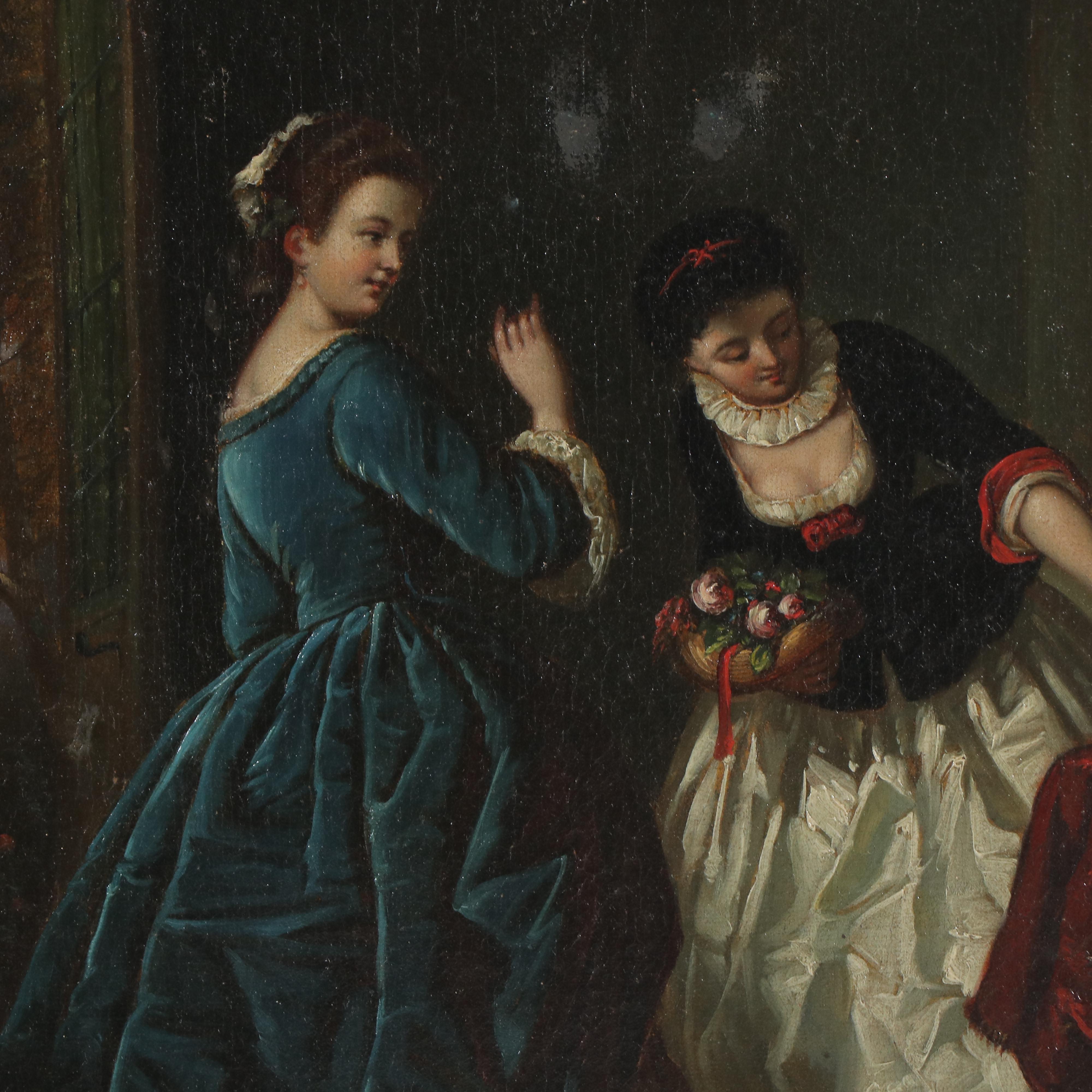 Genre Oil Painting of Two Young Women, 19th Century