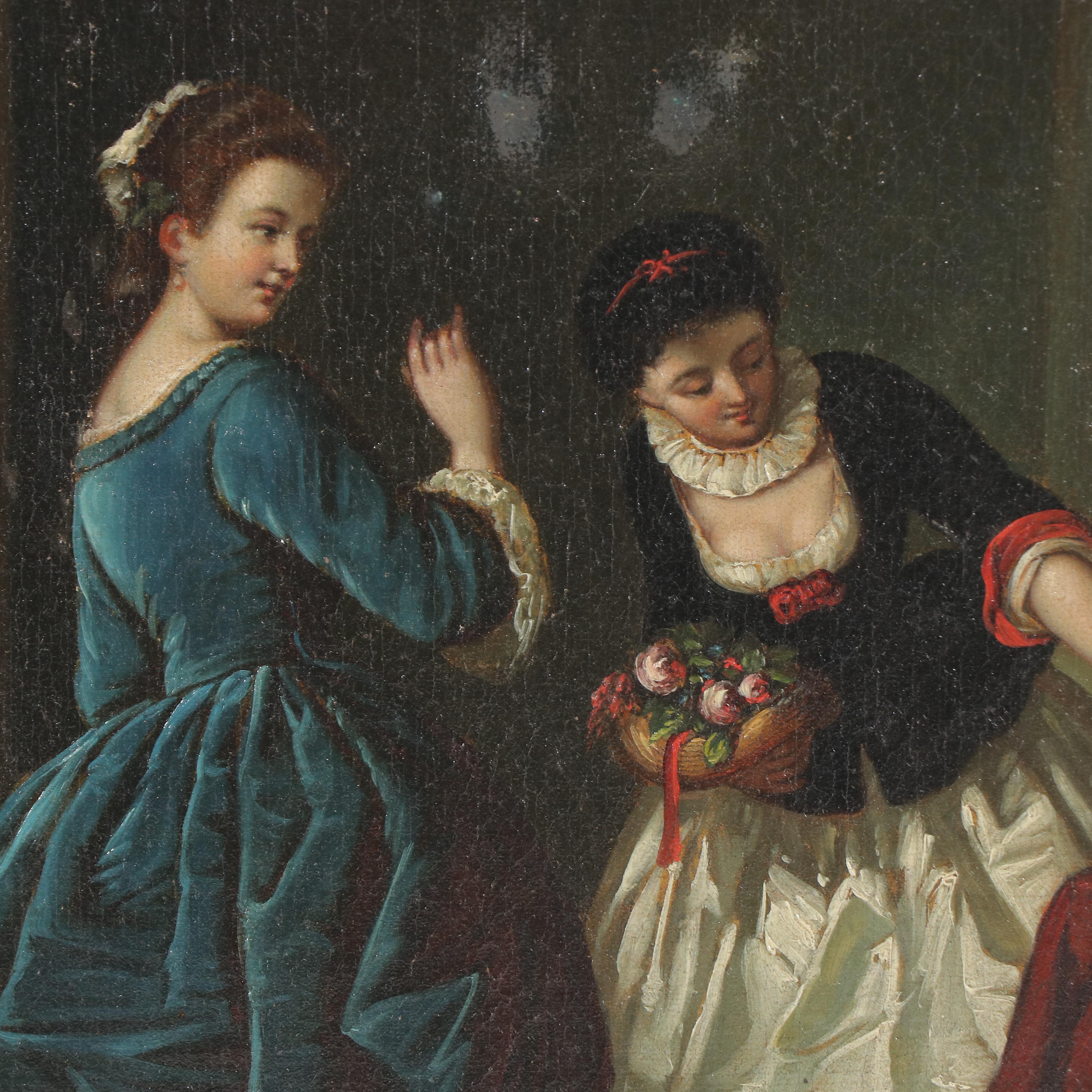 Genre Oil Painting of Two Young Women, 19th Century