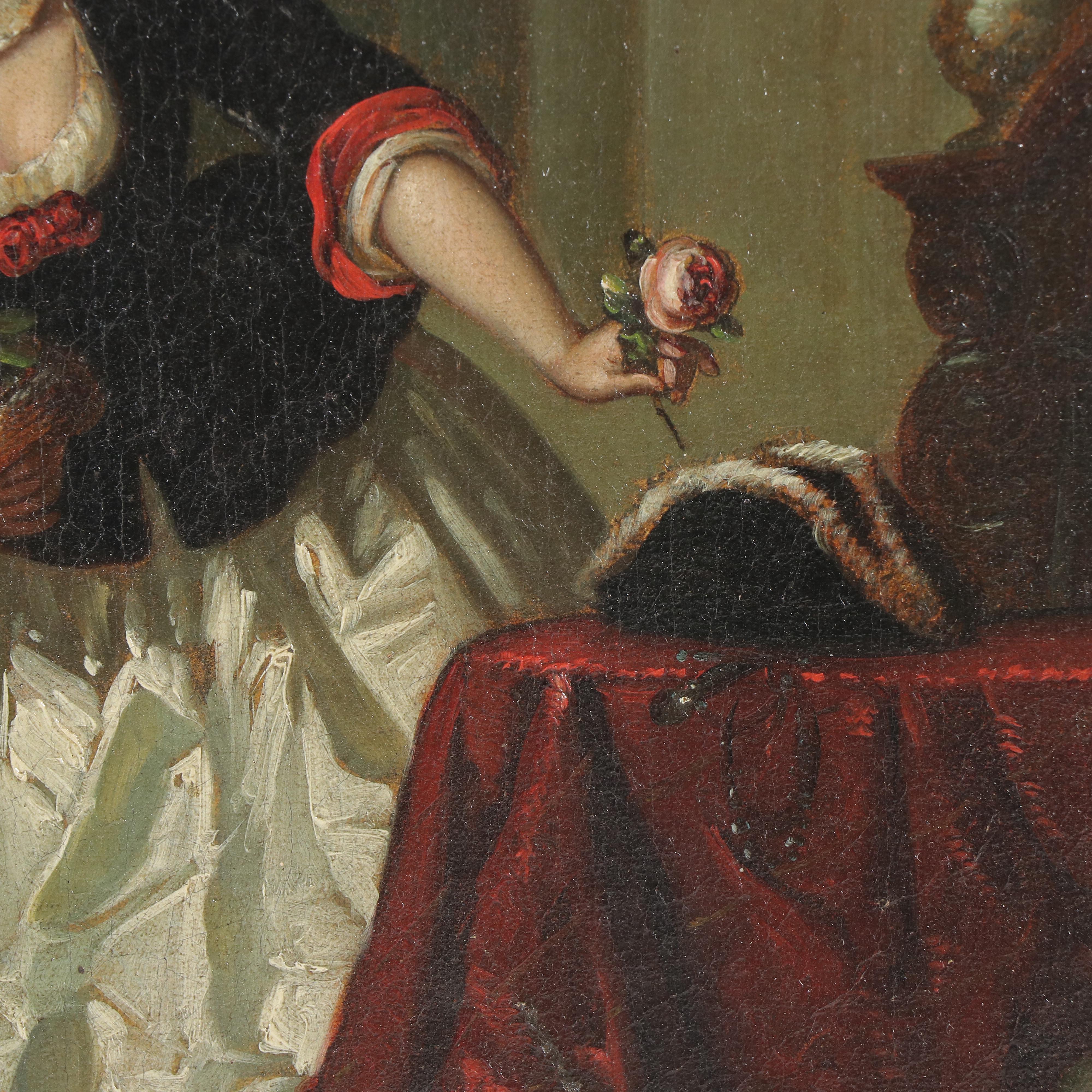 Genre Oil Painting of Two Young Women, 19th Century