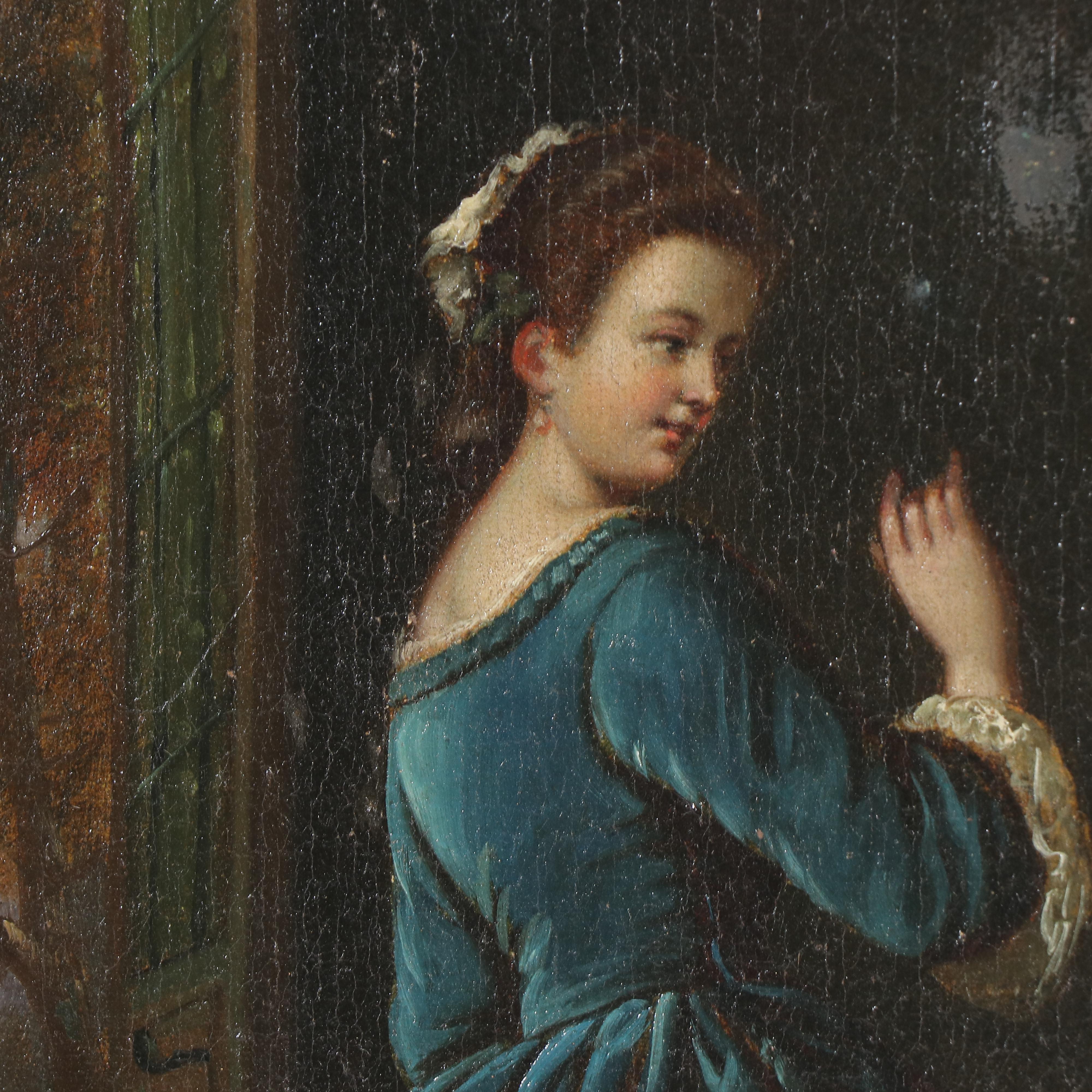 Genre Oil Painting of Two Young Women, 19th Century