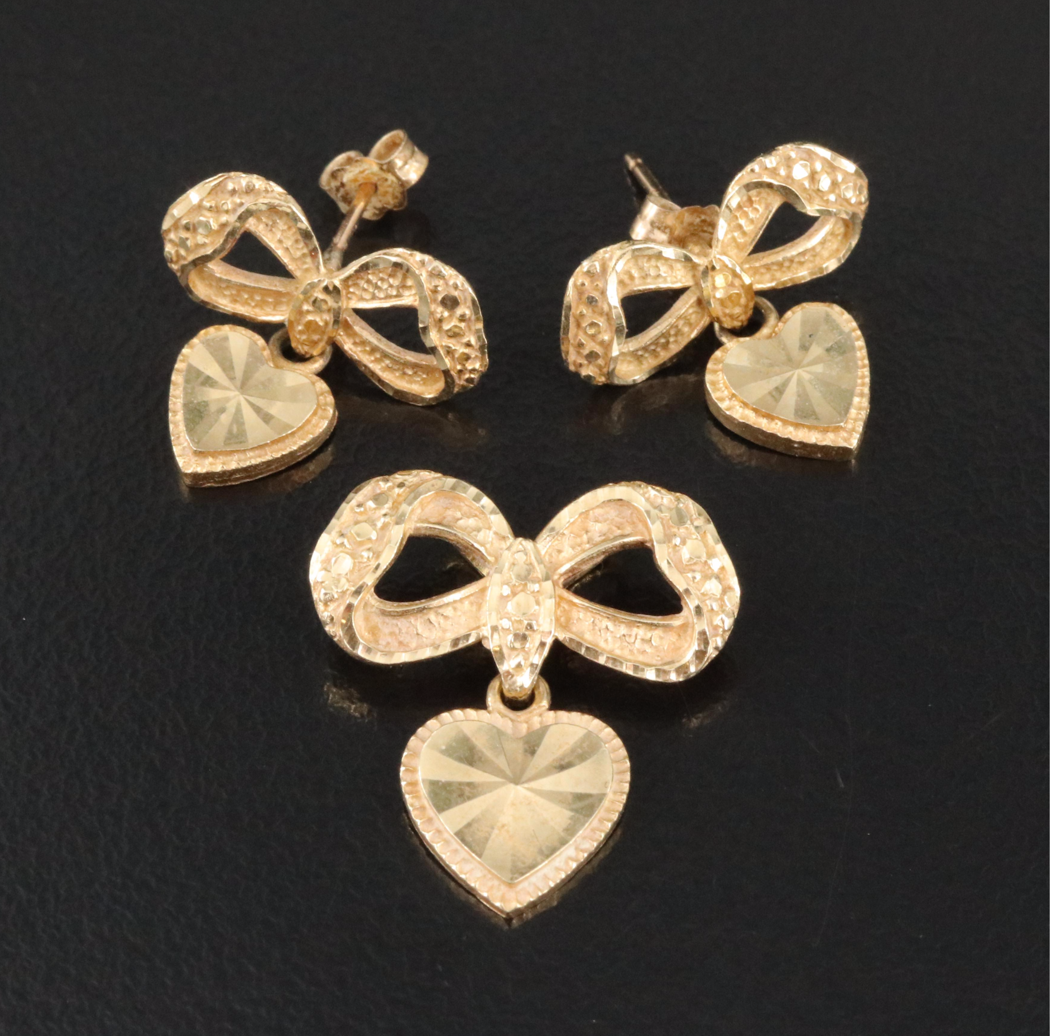 Beverly Hills Gold 14K Bow and Heart Pendant and Earrings