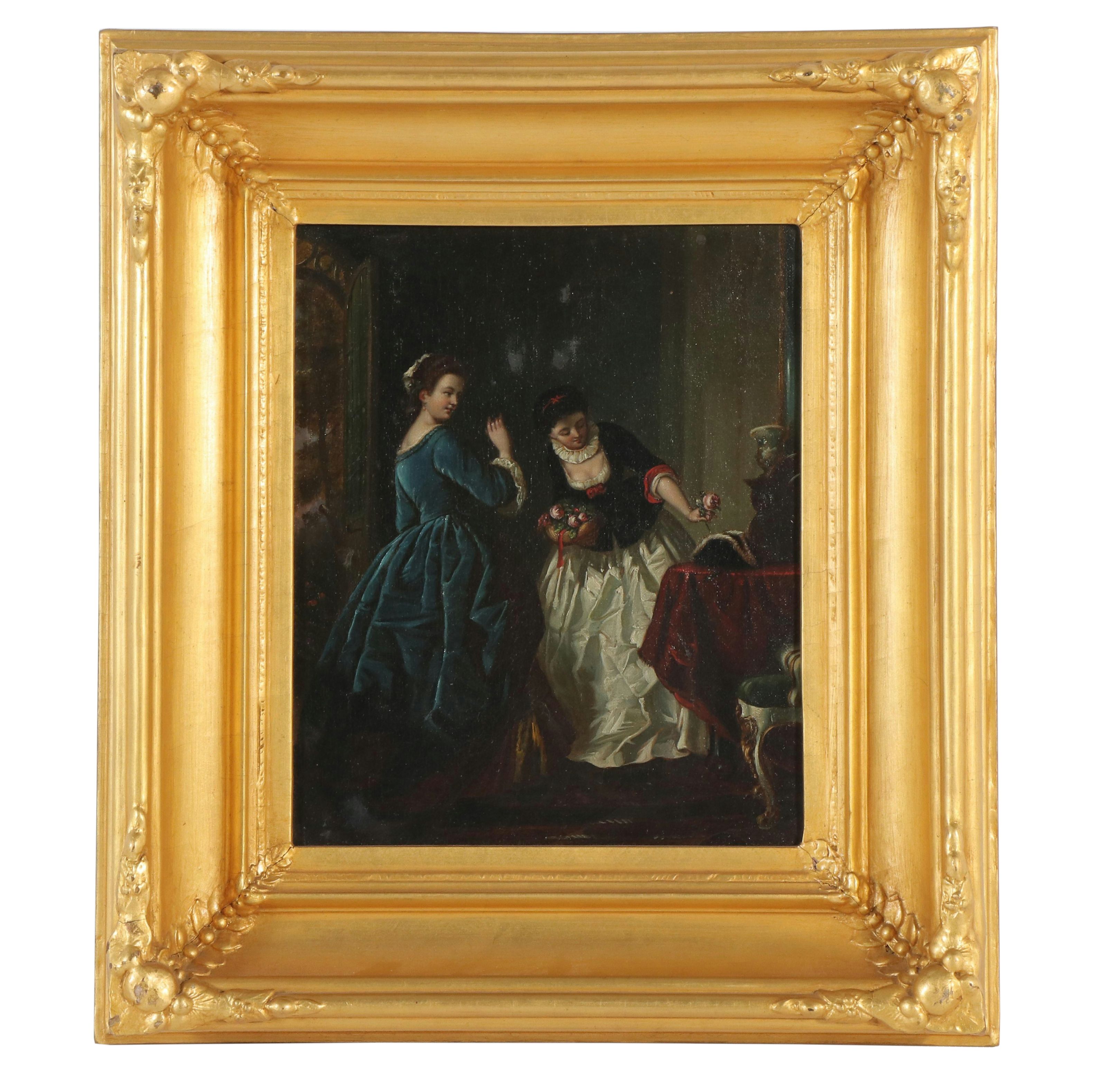 Genre Oil Painting of Two Young Women, 19th Century