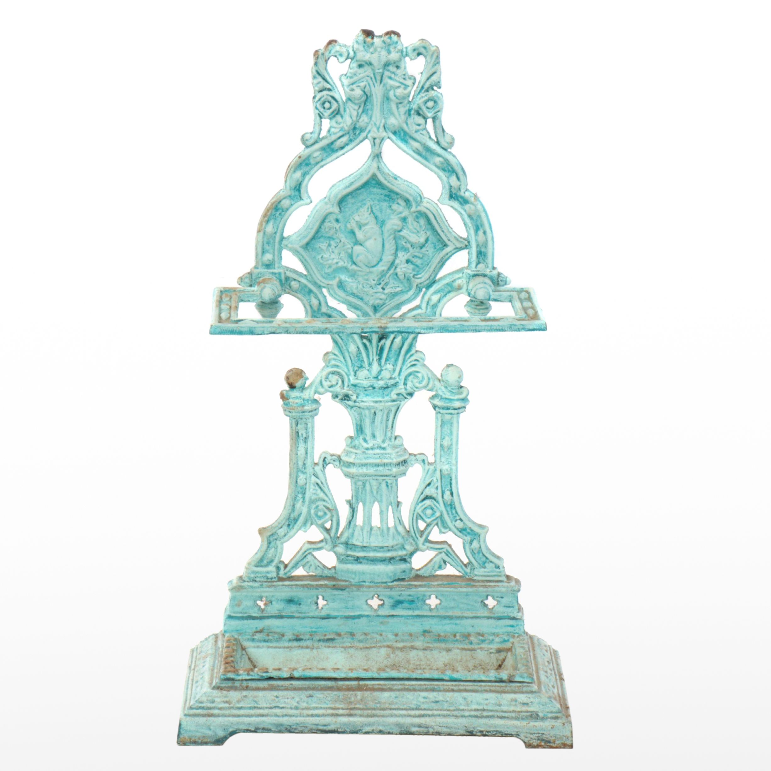 Victorian Style Painted Cast Iron Umbrella Stand with Squirrel Motif