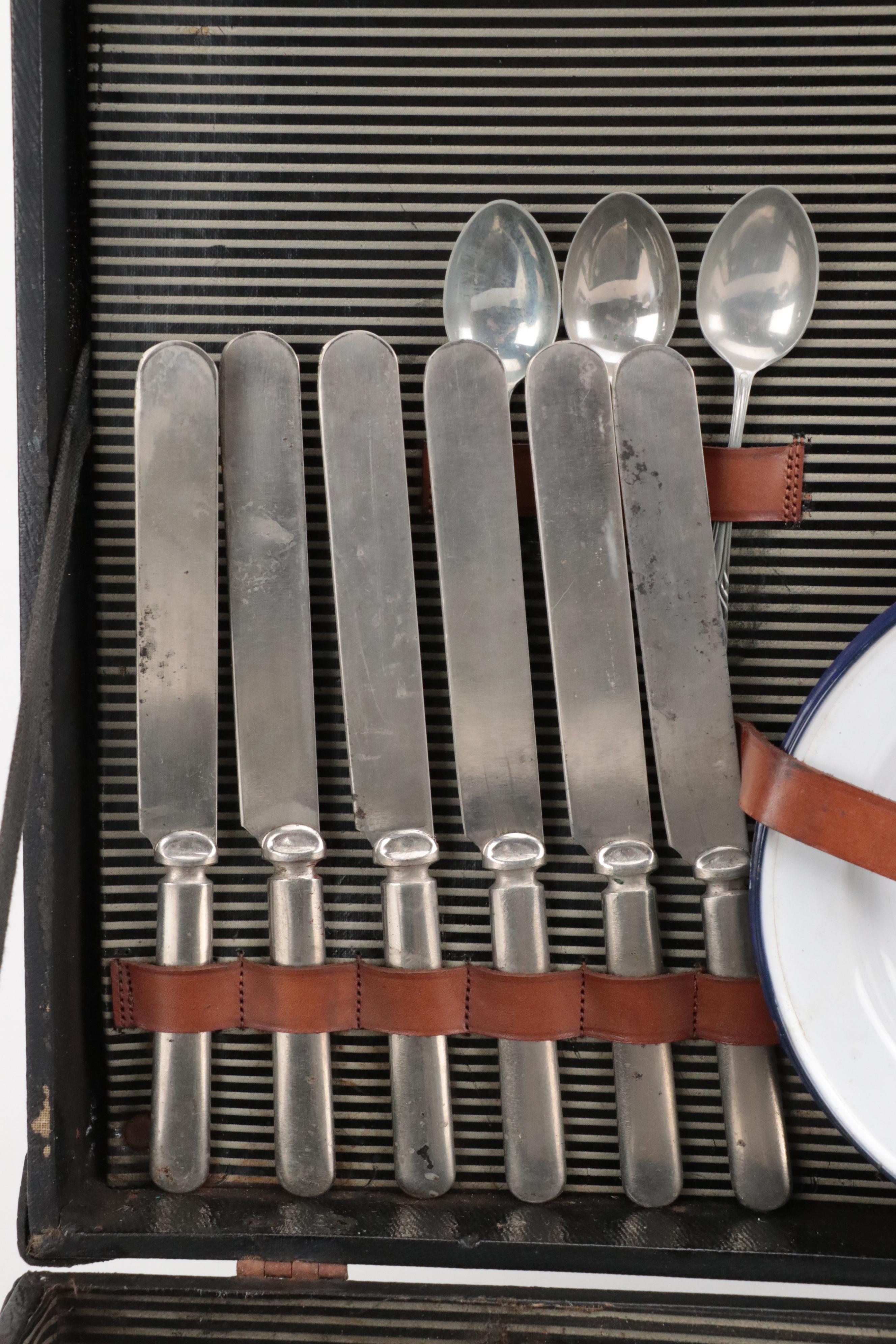 Leather Suitcase Containing Picnic Supplies, Mid-20th Century