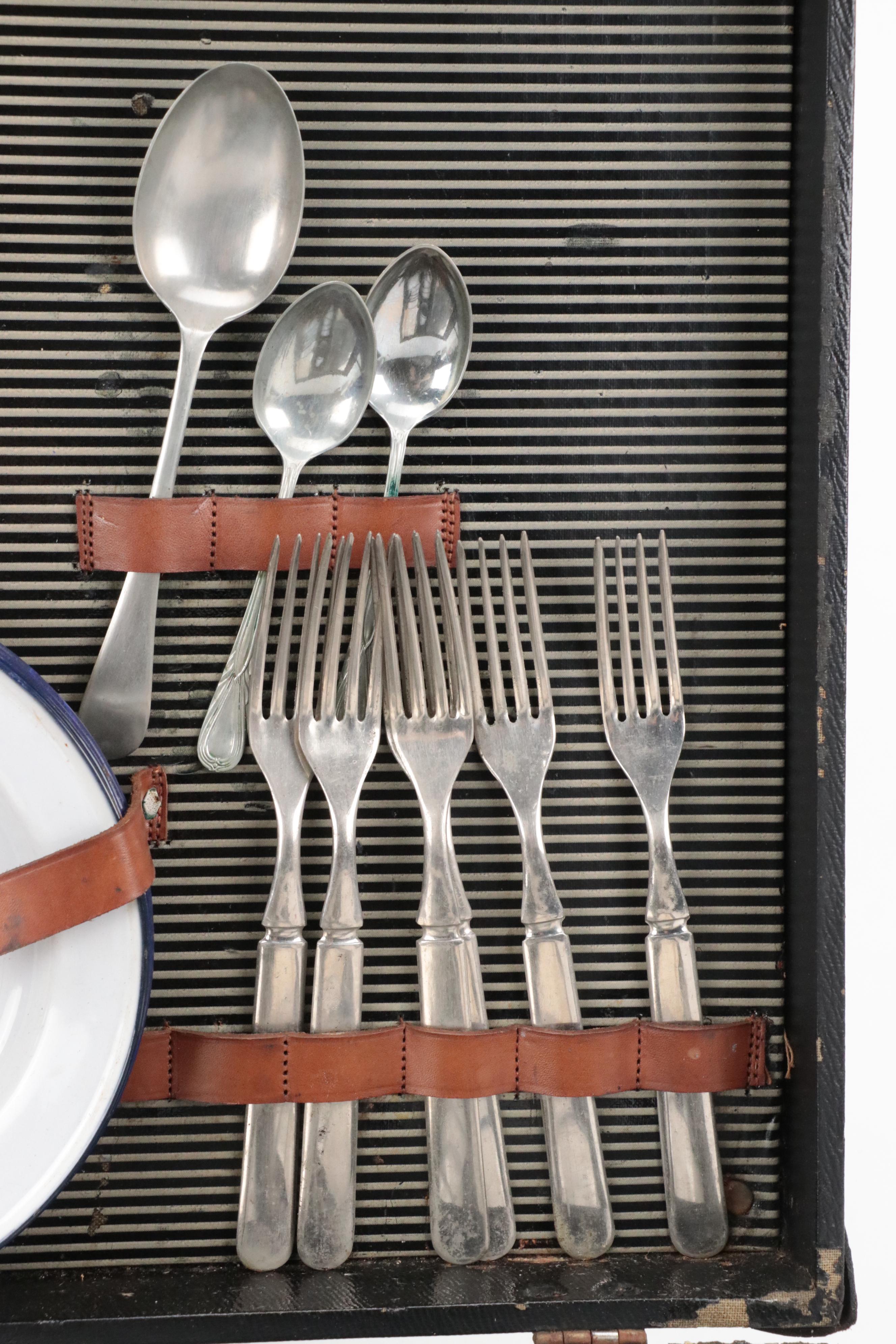 Leather Suitcase Containing Picnic Supplies, Mid-20th Century