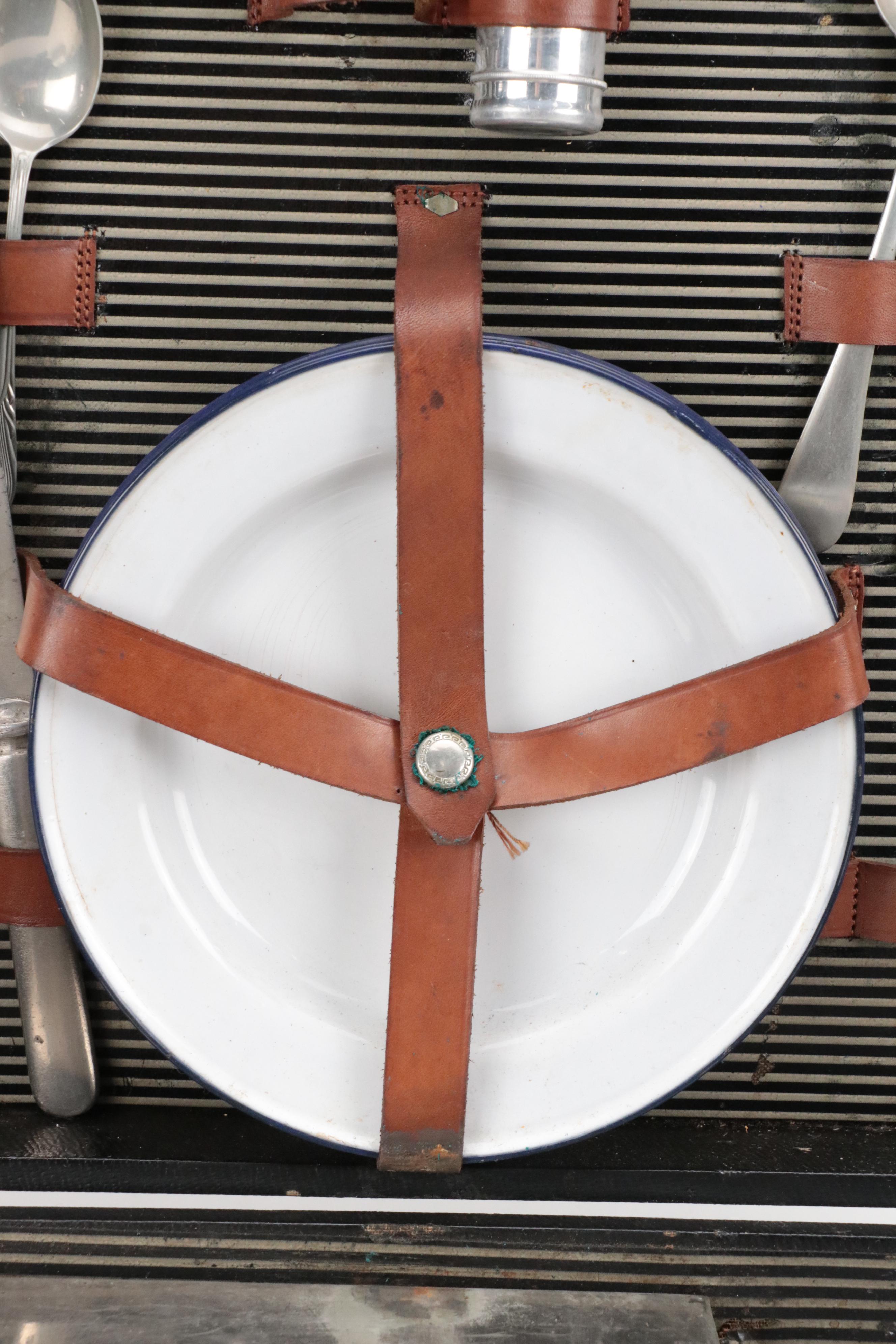 Leather Suitcase Containing Picnic Supplies, Mid-20th Century