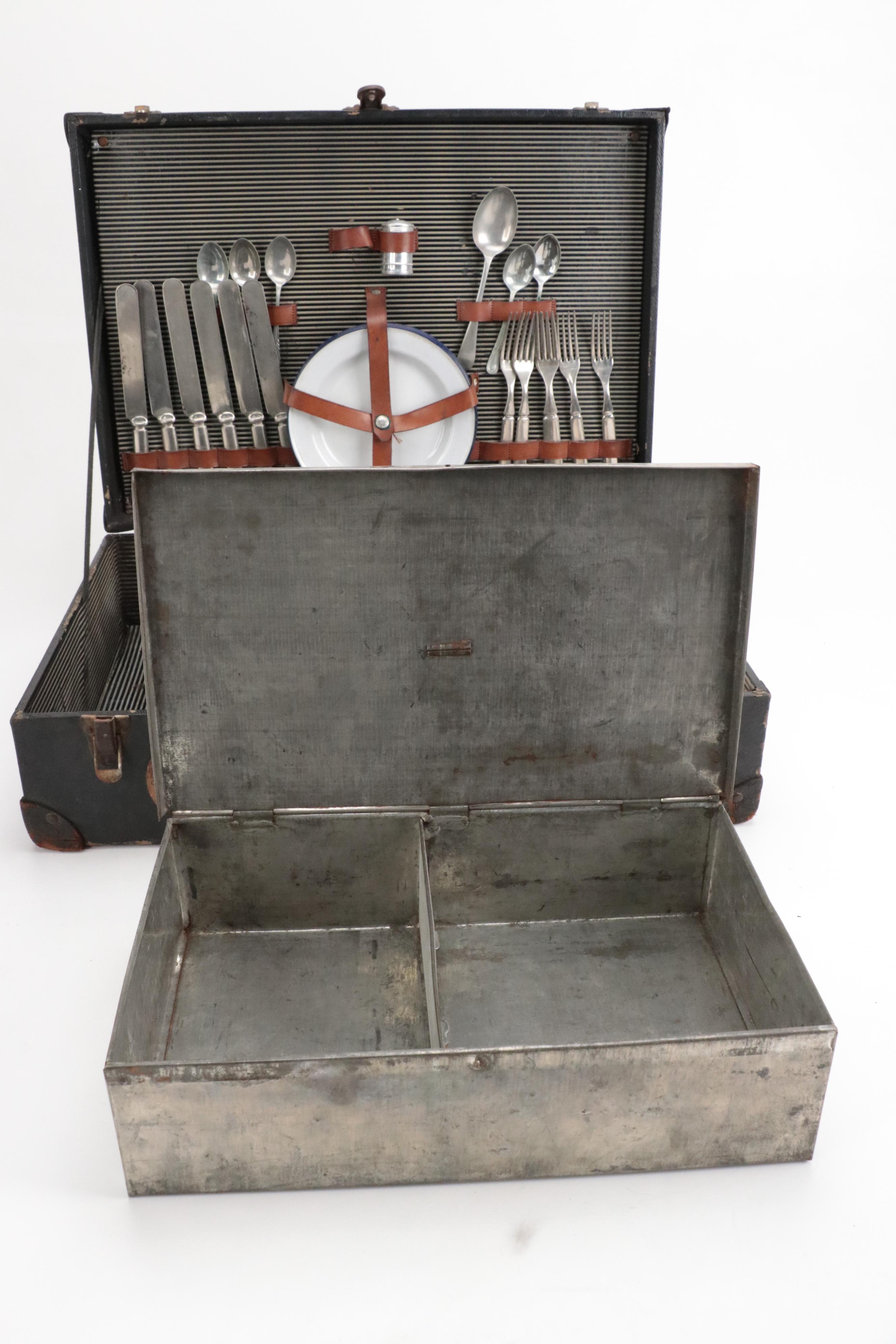 Leather Suitcase Containing Picnic Supplies, Mid-20th Century