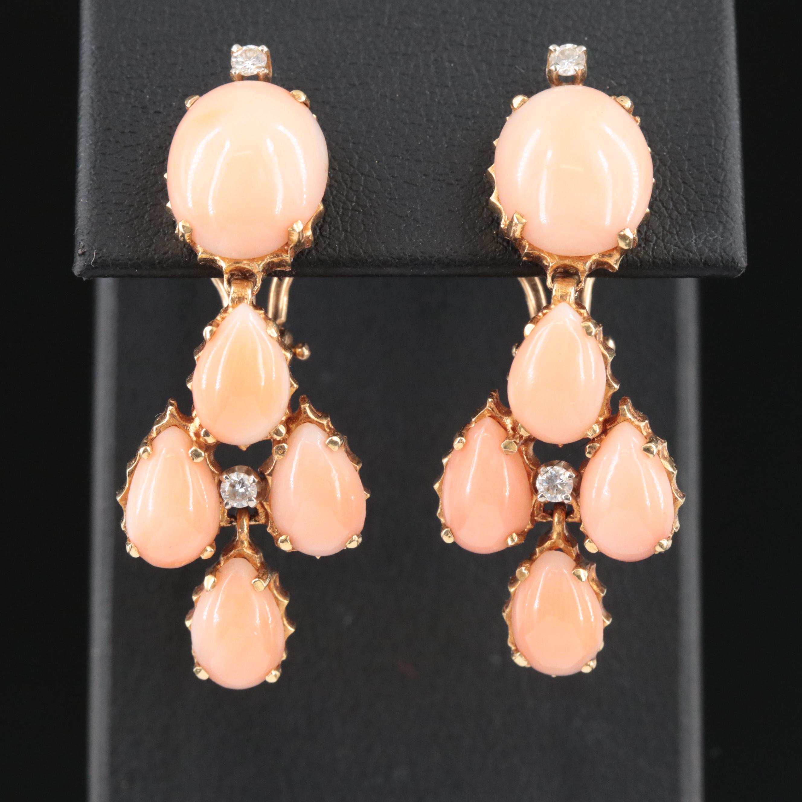 Vintage 18K Coral and Diamond Earrings