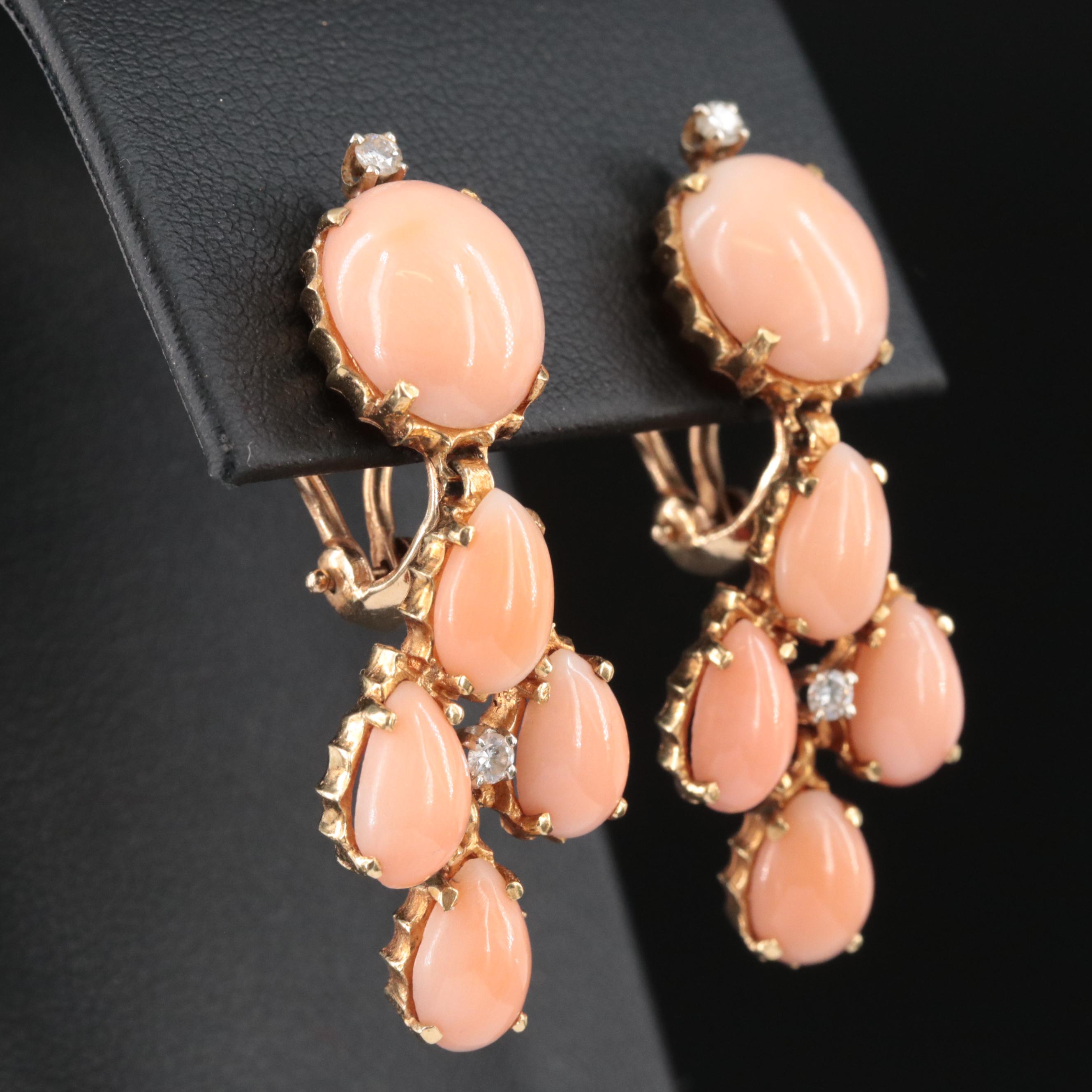 Vintage 18K Coral and Diamond Earrings