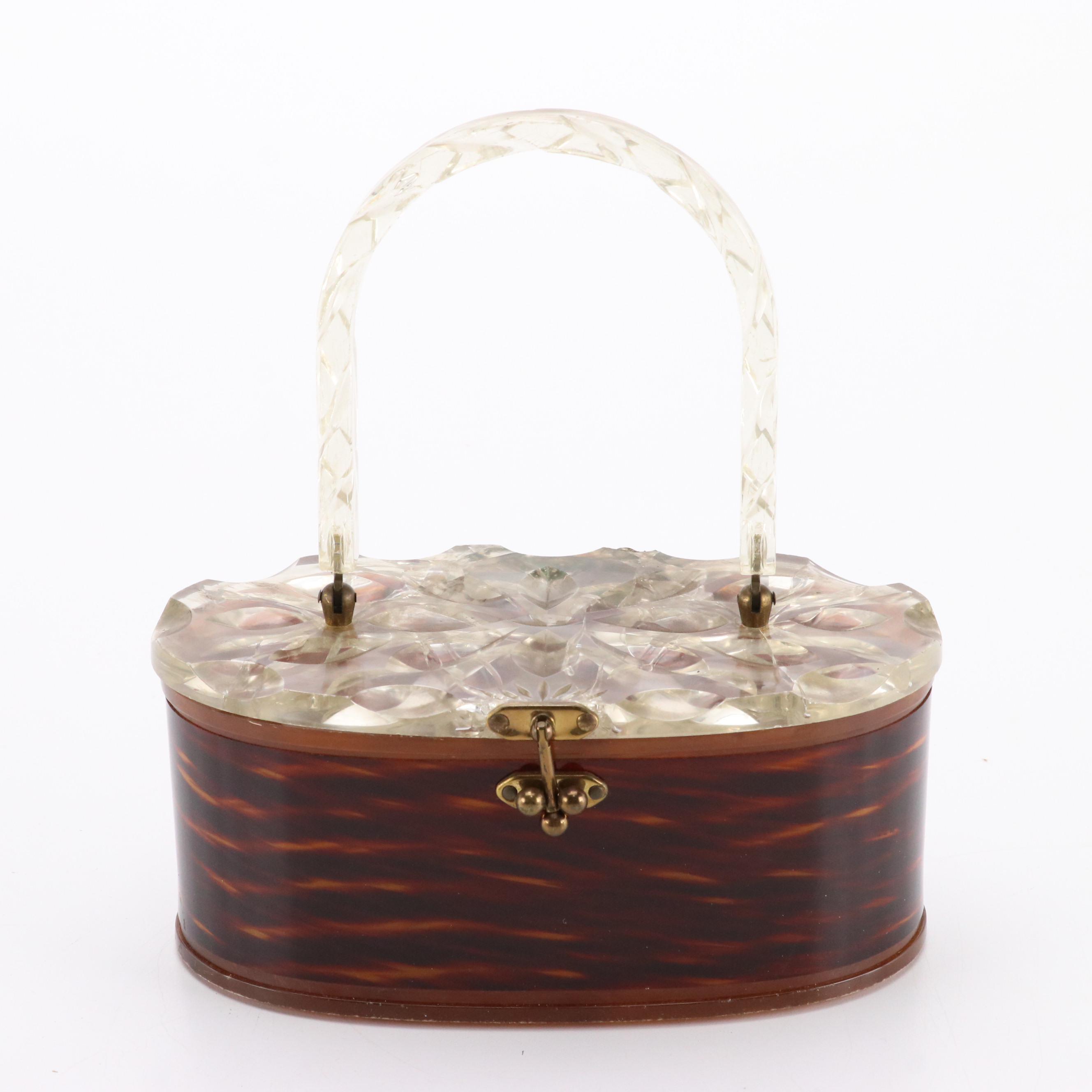 Acrylic Box Purses with Carved Celluloid Lids/Handles, Mid-20th Century