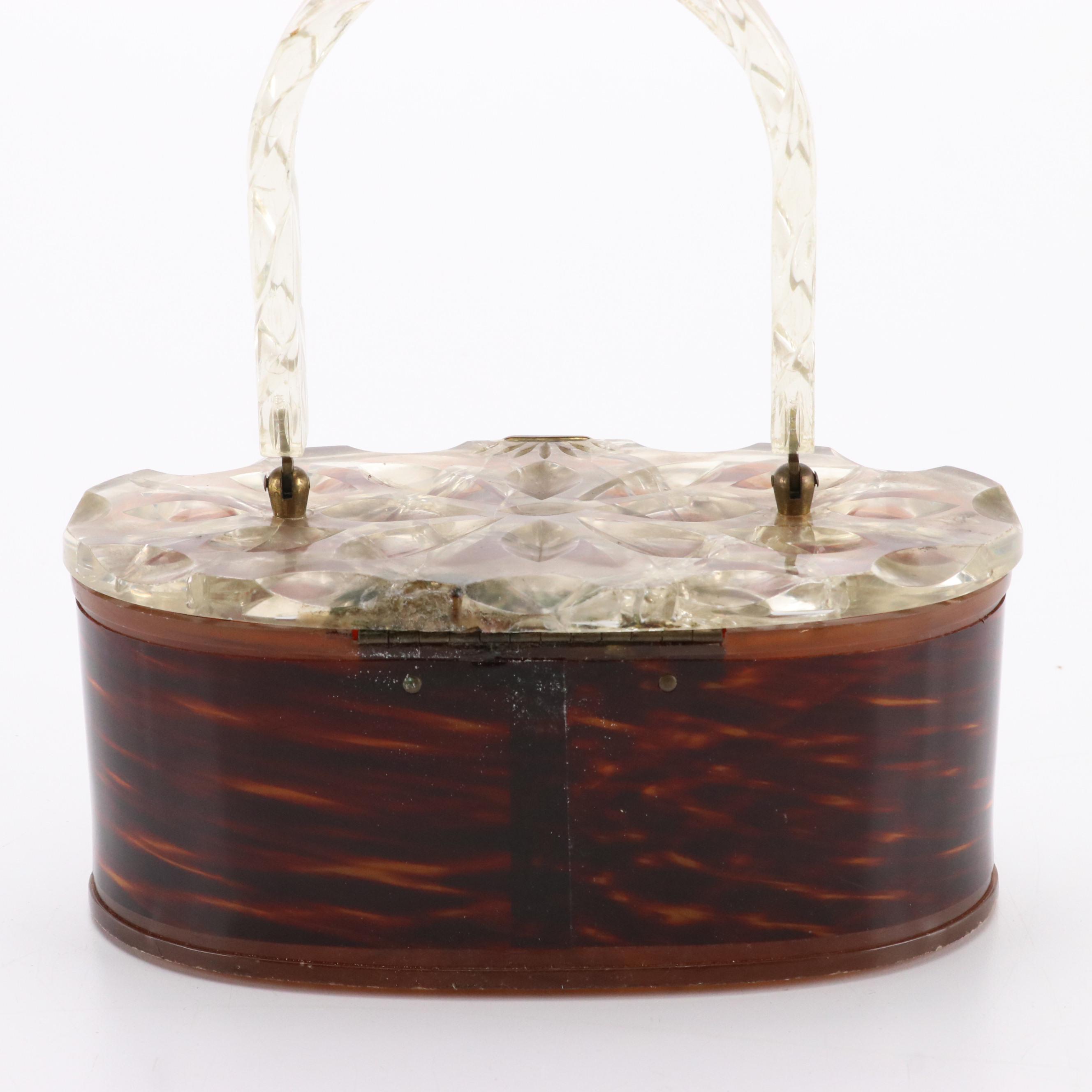 Acrylic Box Purses with Carved Celluloid Lids/Handles, Mid-20th Century