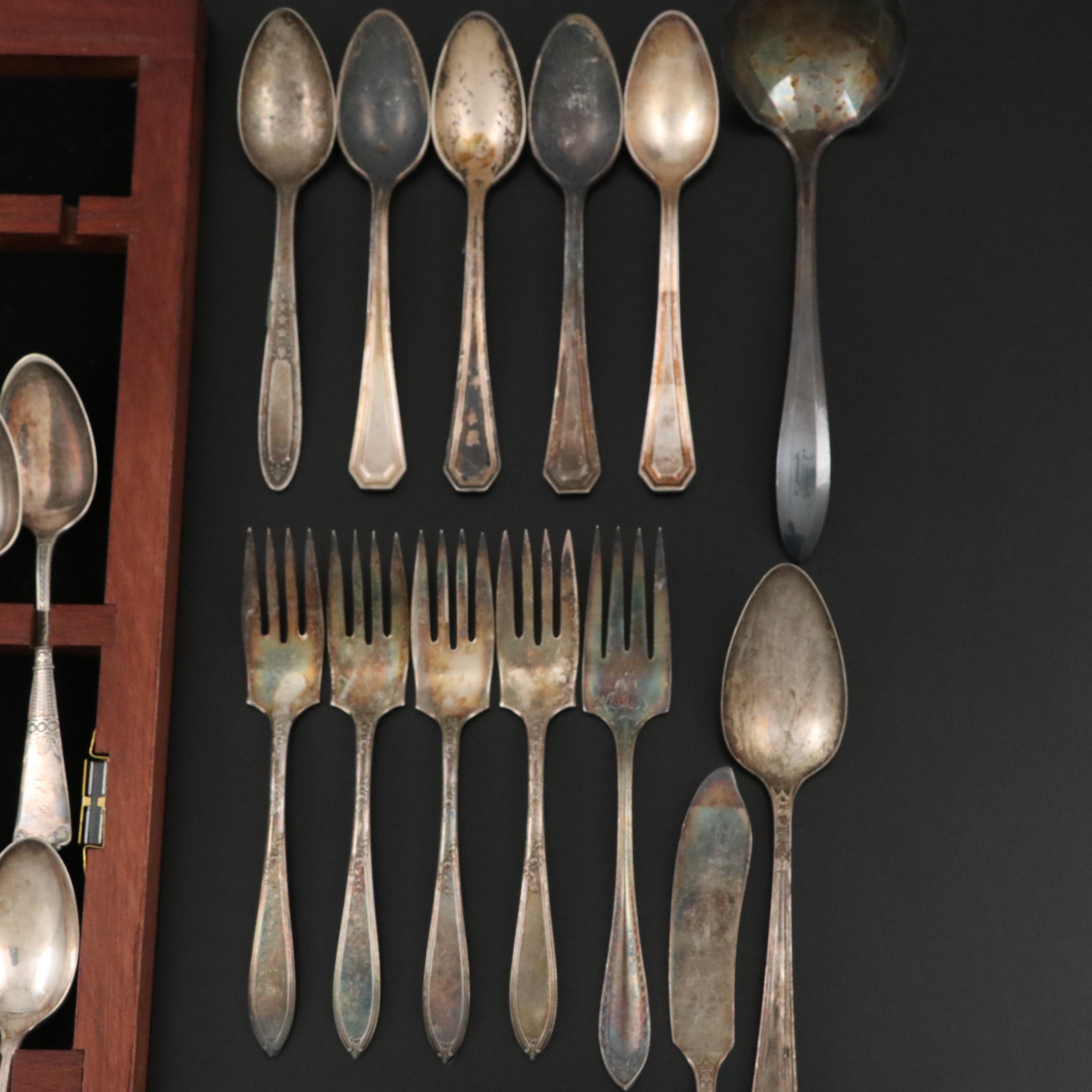 Wm. Rogers and Other Silver Plate Flatware with Display Case