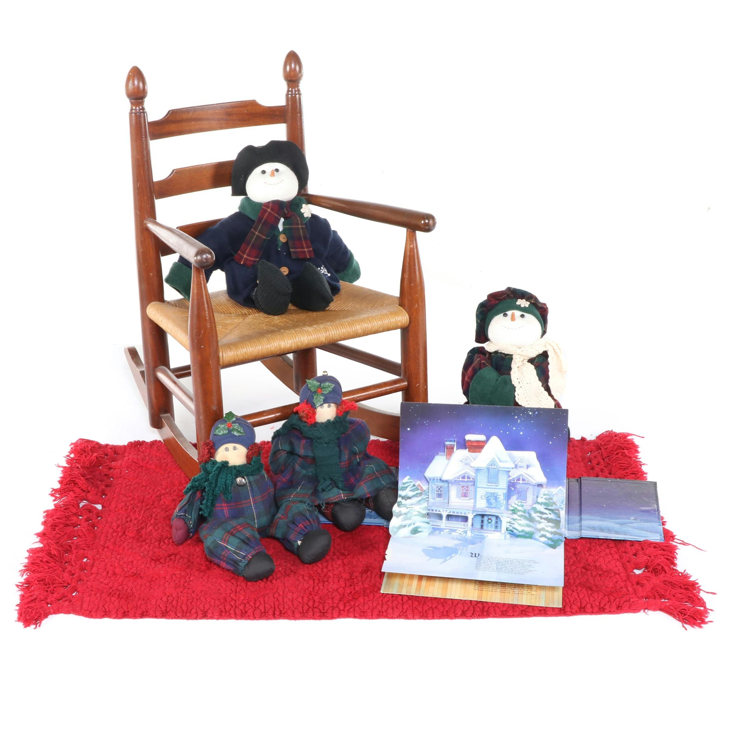 Child-Sized Wood Rocking Chair, Accent Rug, Snowmen Plushes, and Pop-Up Book
