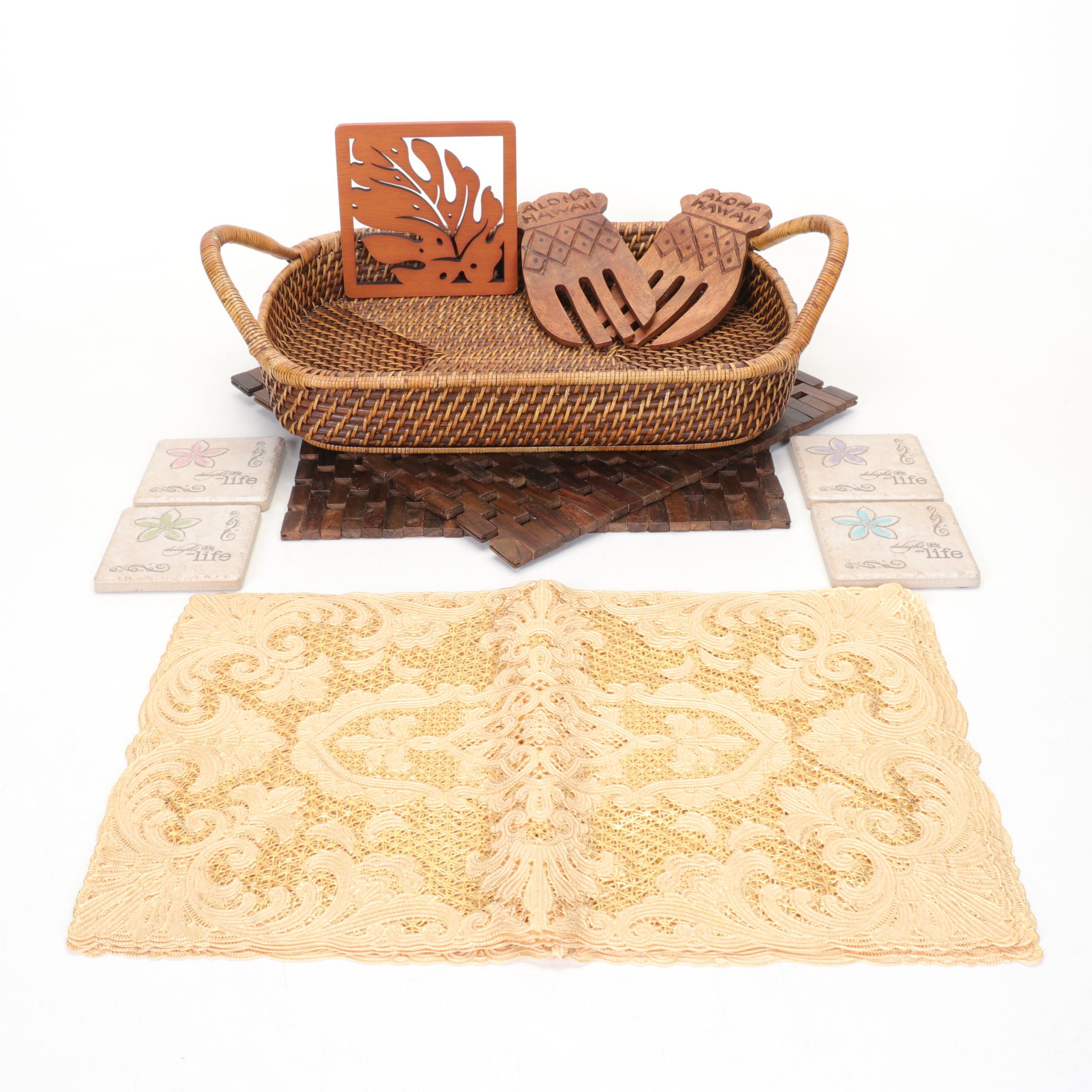 Woven Basket, Stone Coasters and Other Wooden Decor