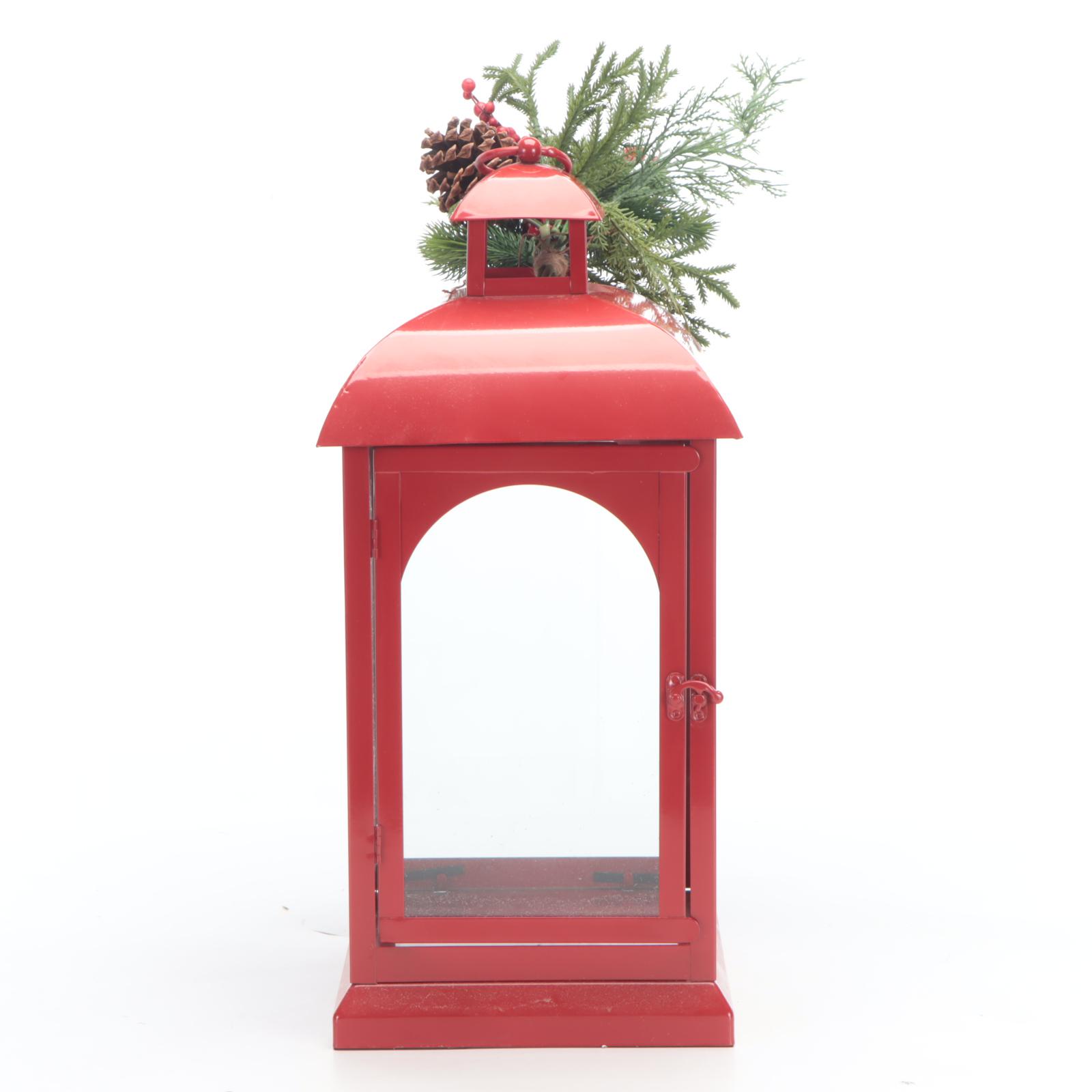 Red Candle Lantern and Artificial Christmas Wreath