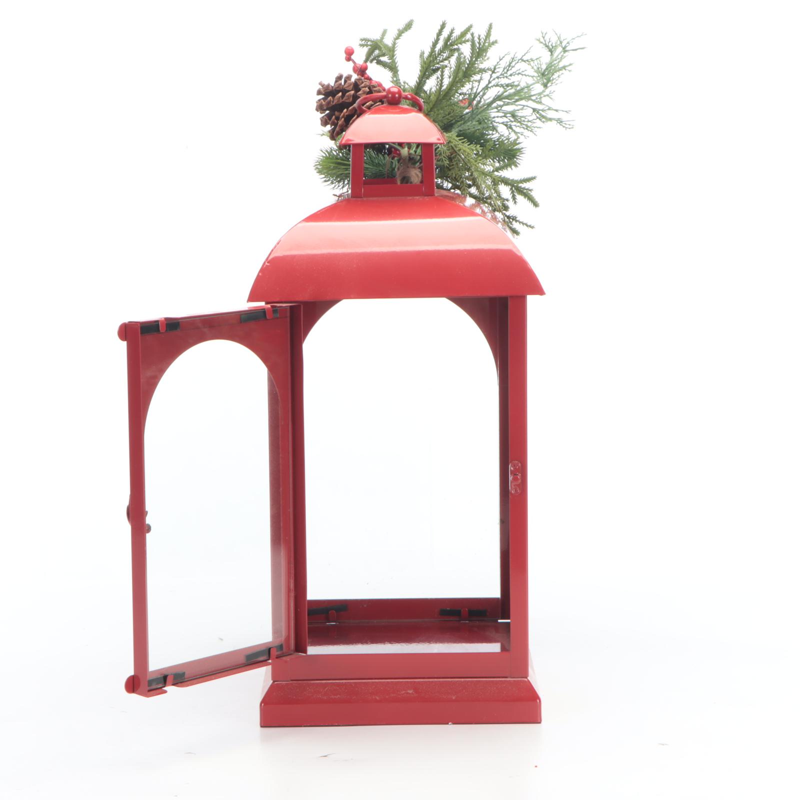 Red Candle Lantern and Artificial Christmas Wreath