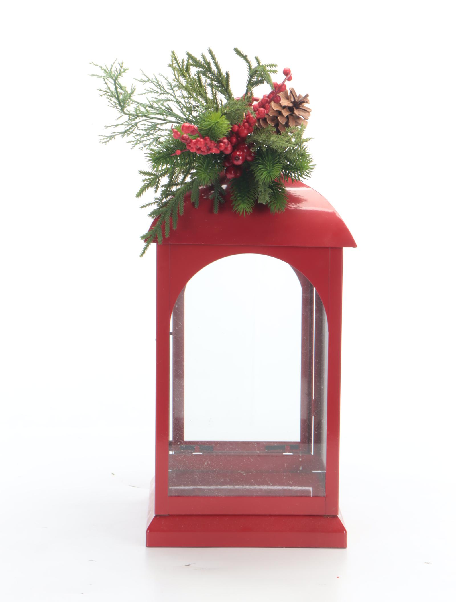 Red Candle Lantern and Artificial Christmas Wreath