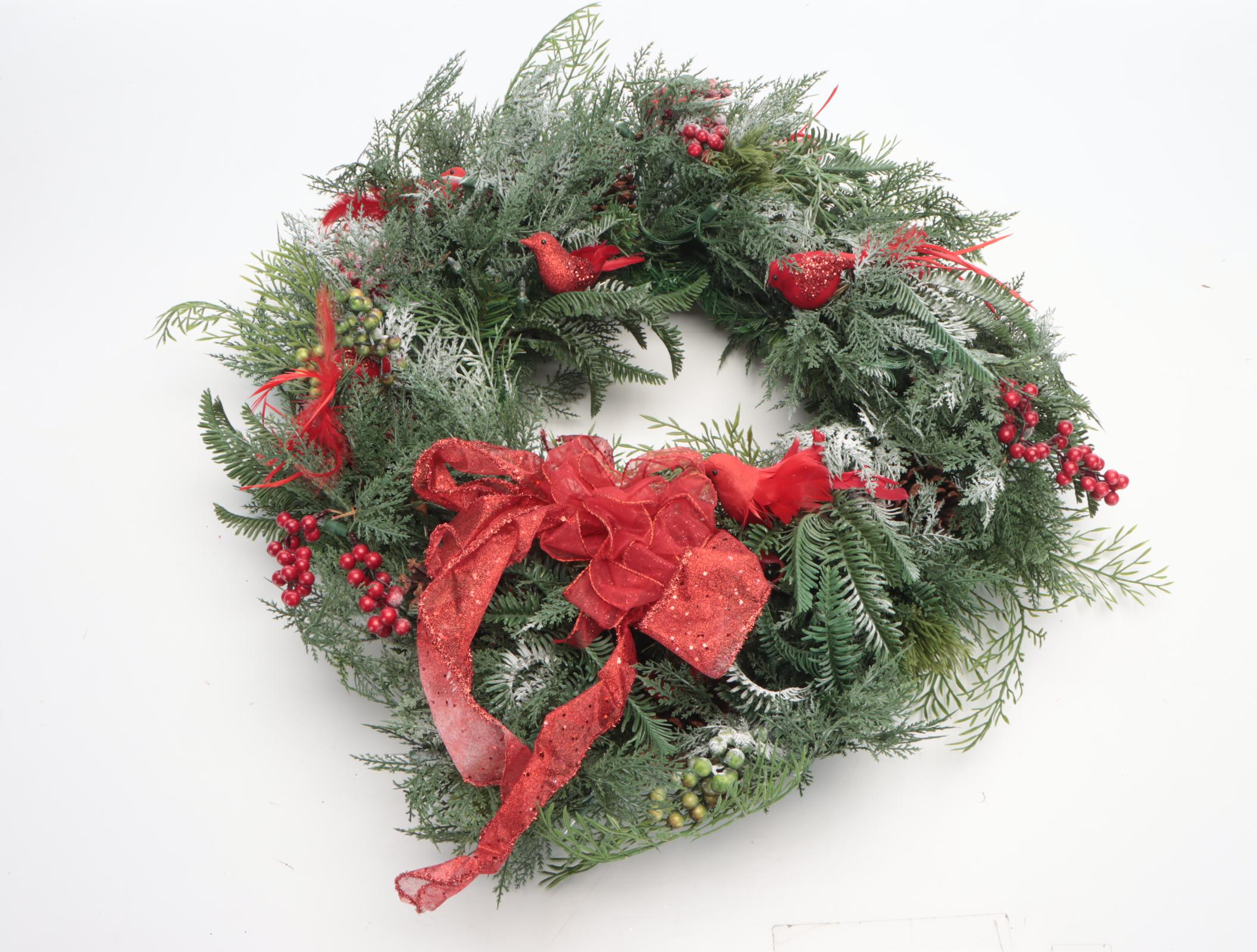 Red Candle Lantern and Artificial Christmas Wreath