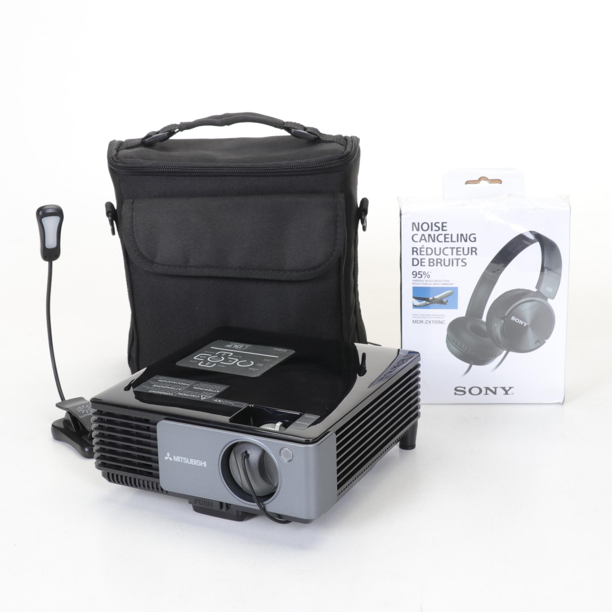 Mitsubishi Portable Projector with Sony Headphones and Other Accessories