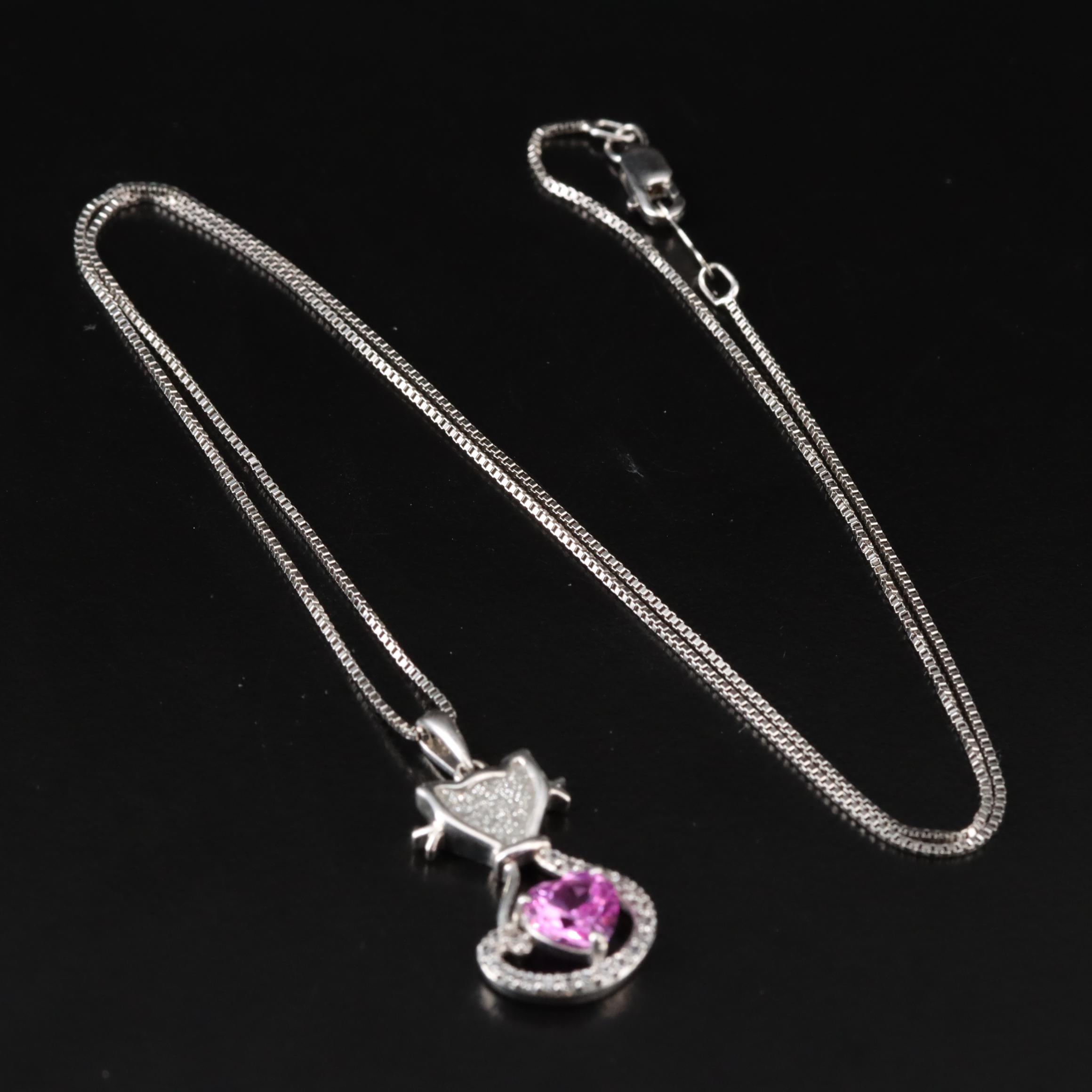 Sterling Pink and White Sapphire Feline Pendant Necklace EBTH