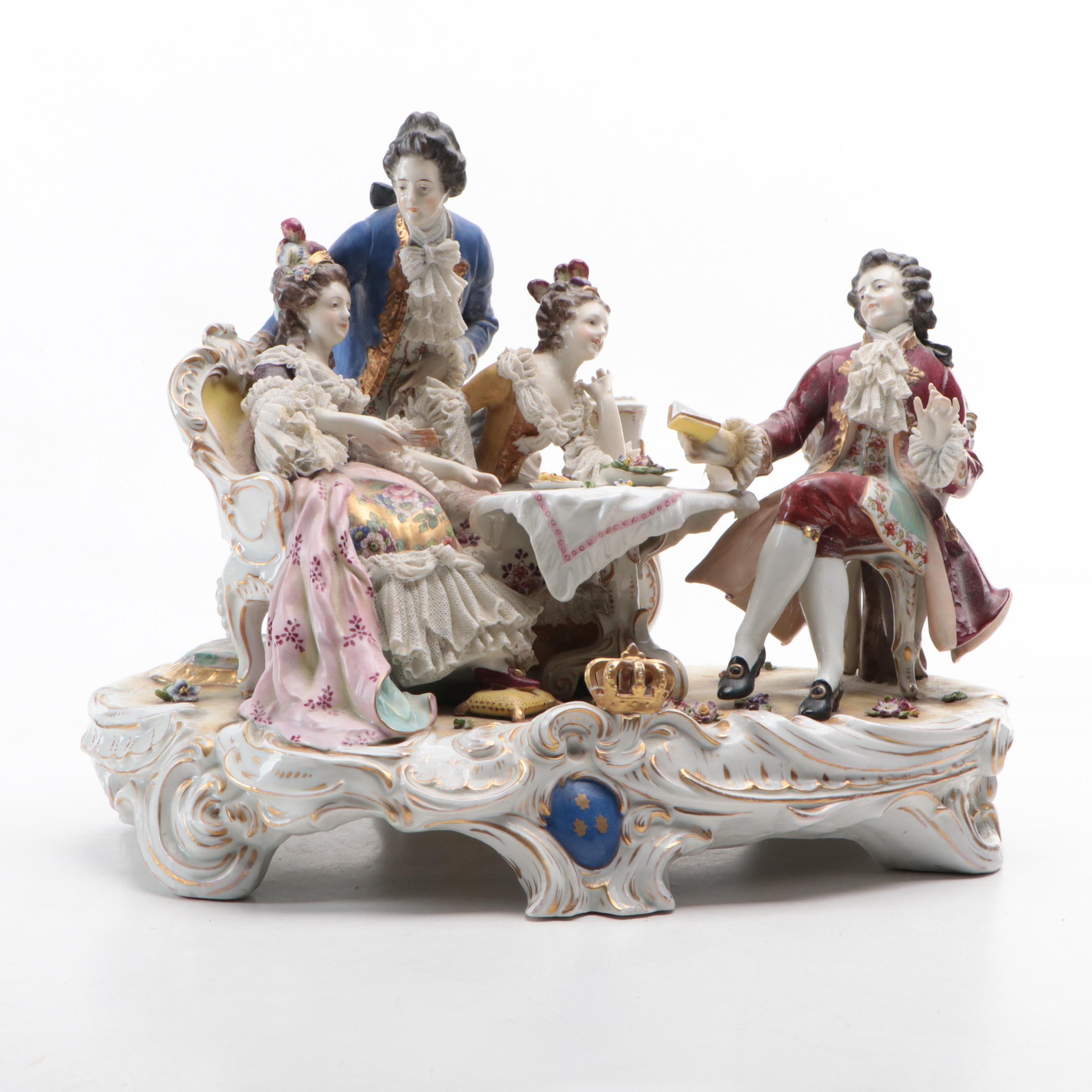Volkstedt Dresden Lace Porcelain Salon Tableau Figural Group Lamp Base
