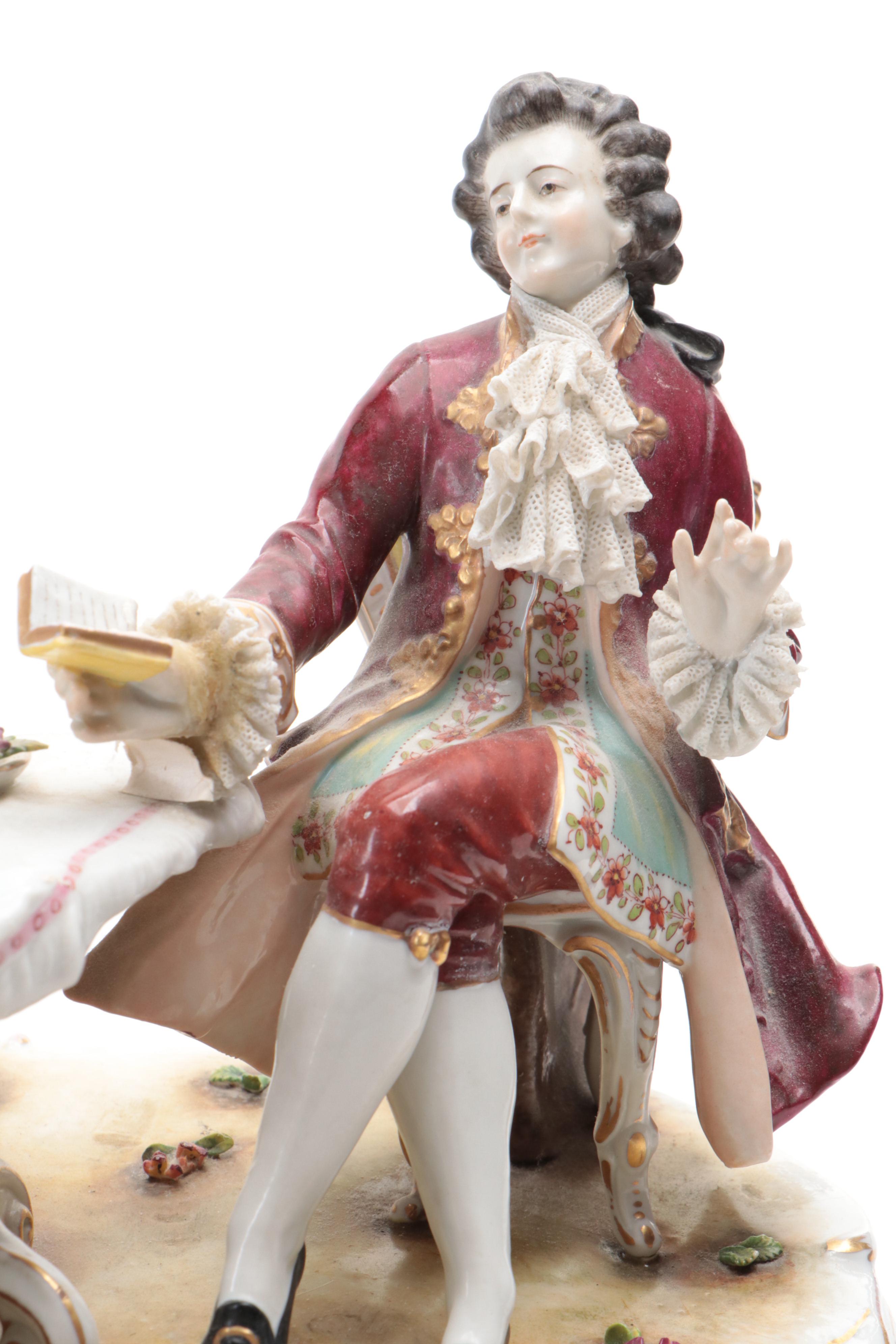 Volkstedt Dresden Lace Porcelain Salon Tableau Figural Group Lamp Base