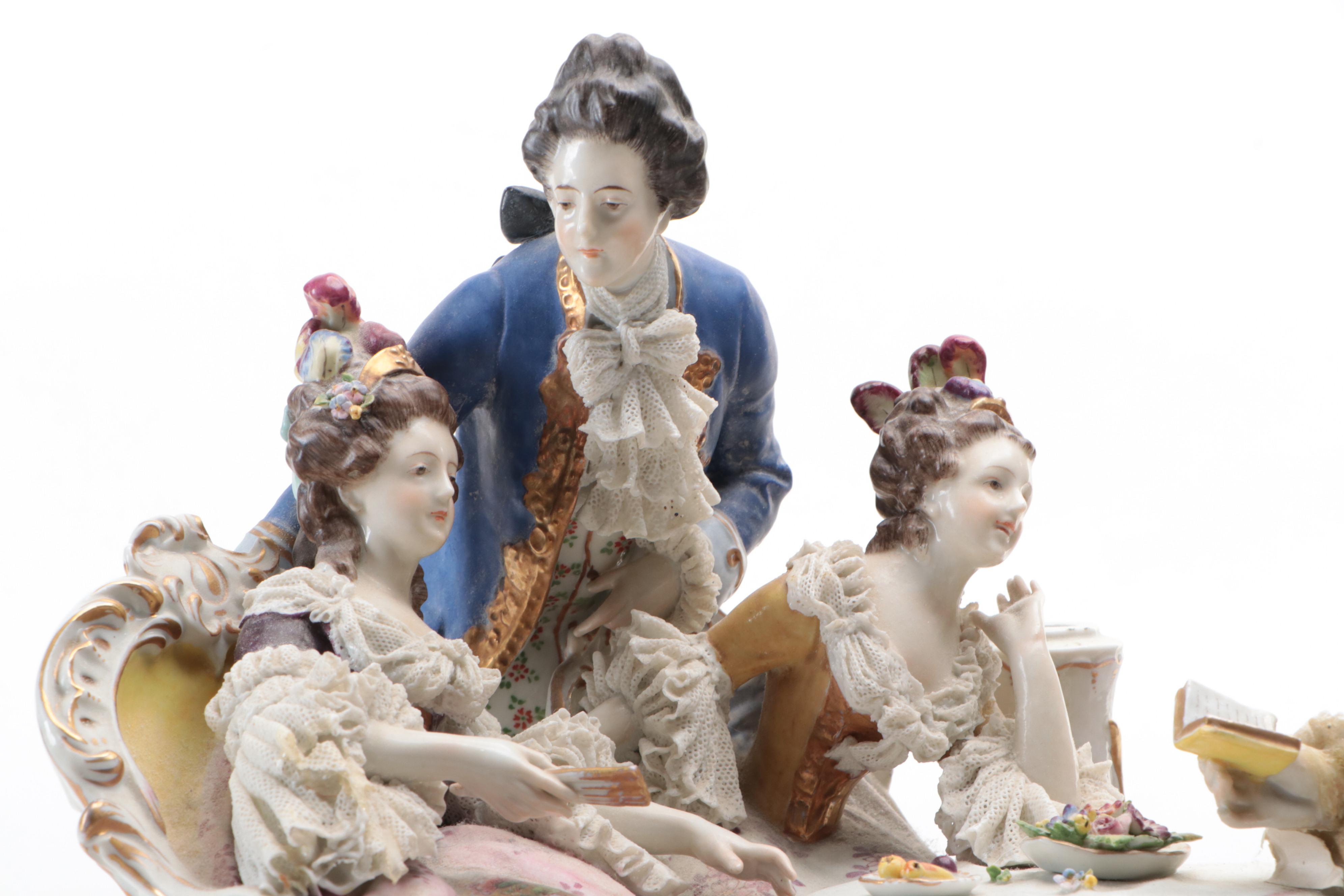 Volkstedt Dresden Lace Porcelain Salon Tableau Figural Group Lamp Base