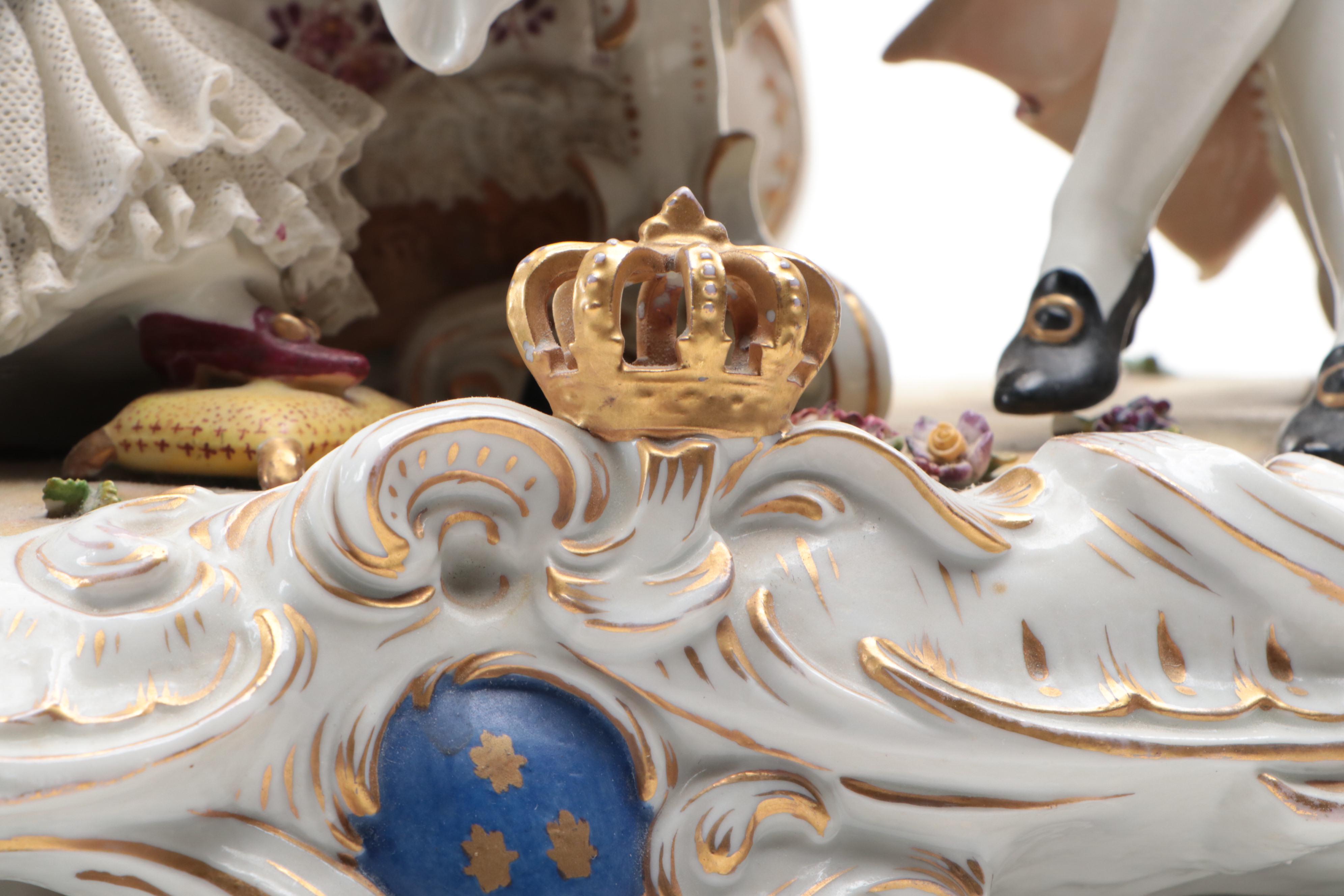 Volkstedt Dresden Lace Porcelain Salon Tableau Figural Group Lamp Base