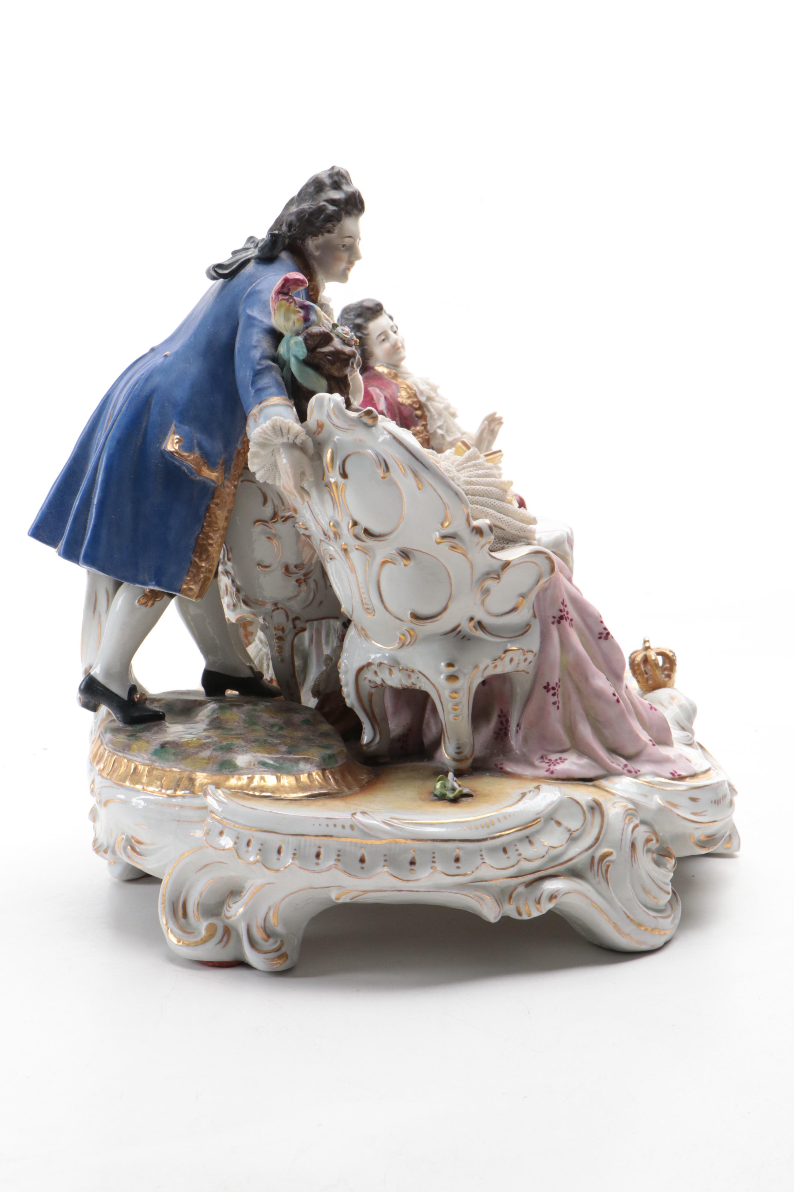 Volkstedt Dresden Lace Porcelain Salon Tableau Figural Group Lamp Base