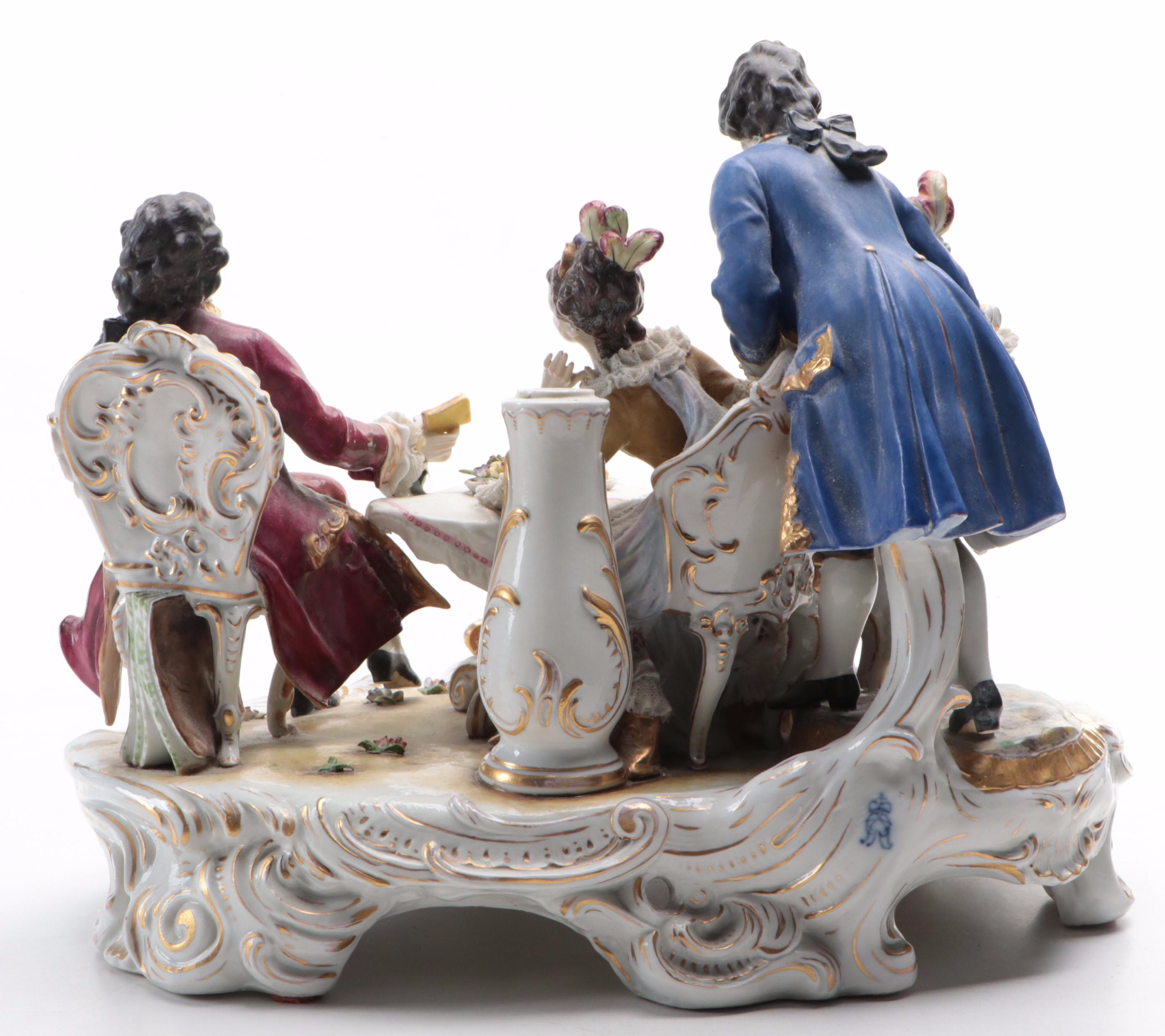 Volkstedt Dresden Lace Porcelain Salon Tableau Figural Group Lamp Base