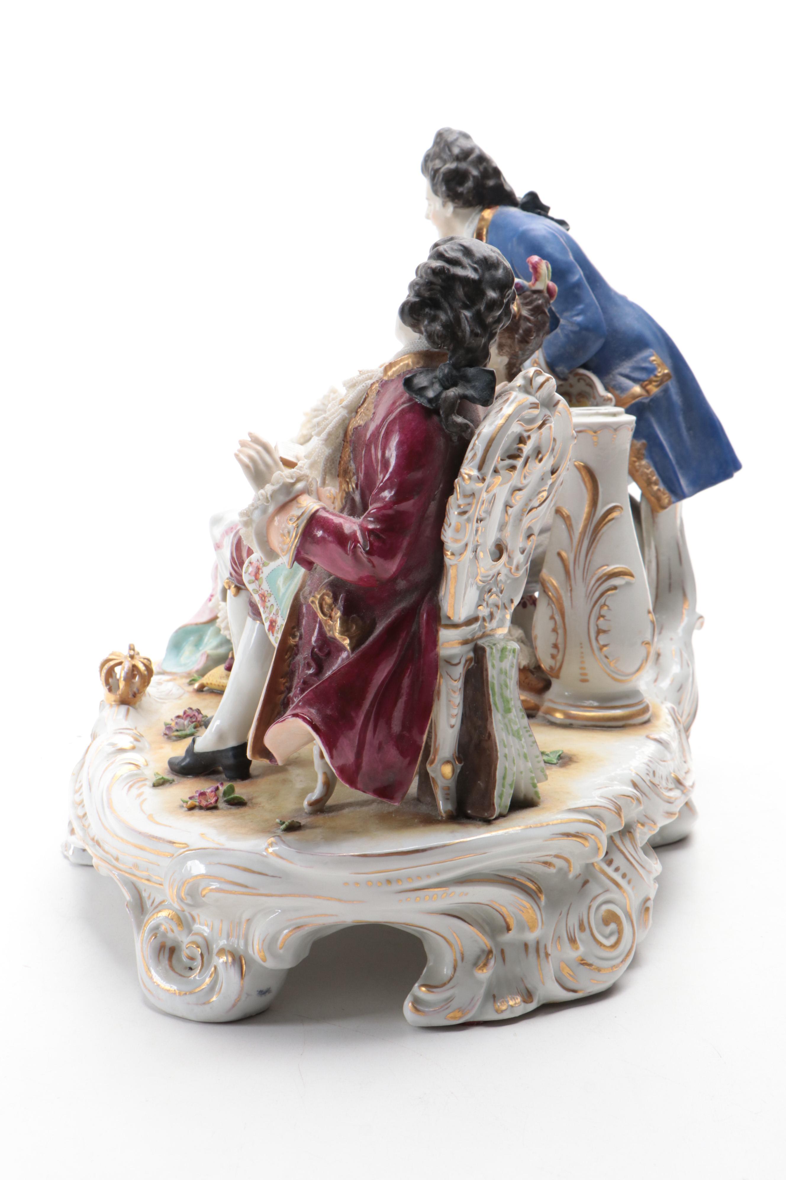 Volkstedt Dresden Lace Porcelain Salon Tableau Figural Group Lamp Base