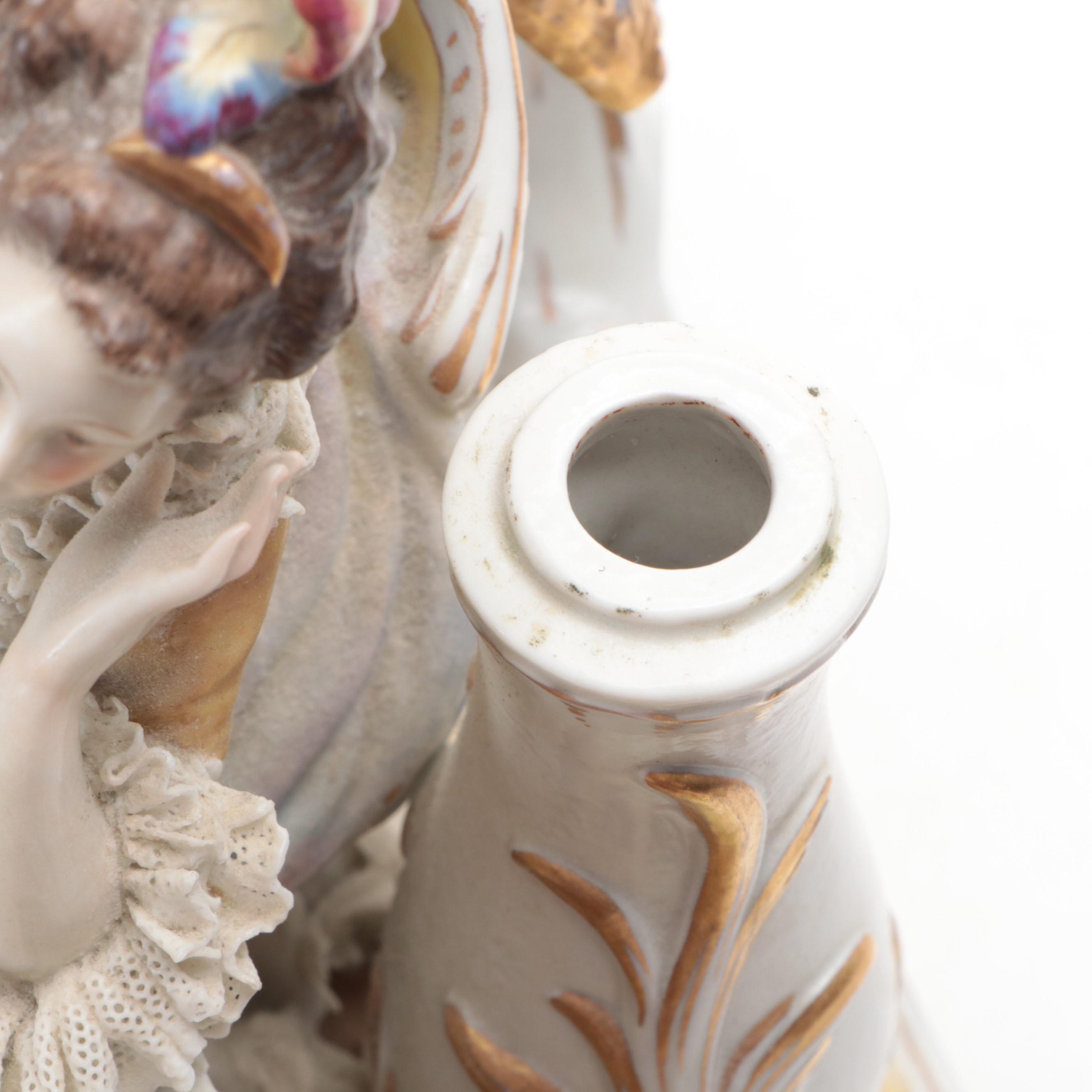 Volkstedt Dresden Lace Porcelain Salon Tableau Figural Group Lamp Base