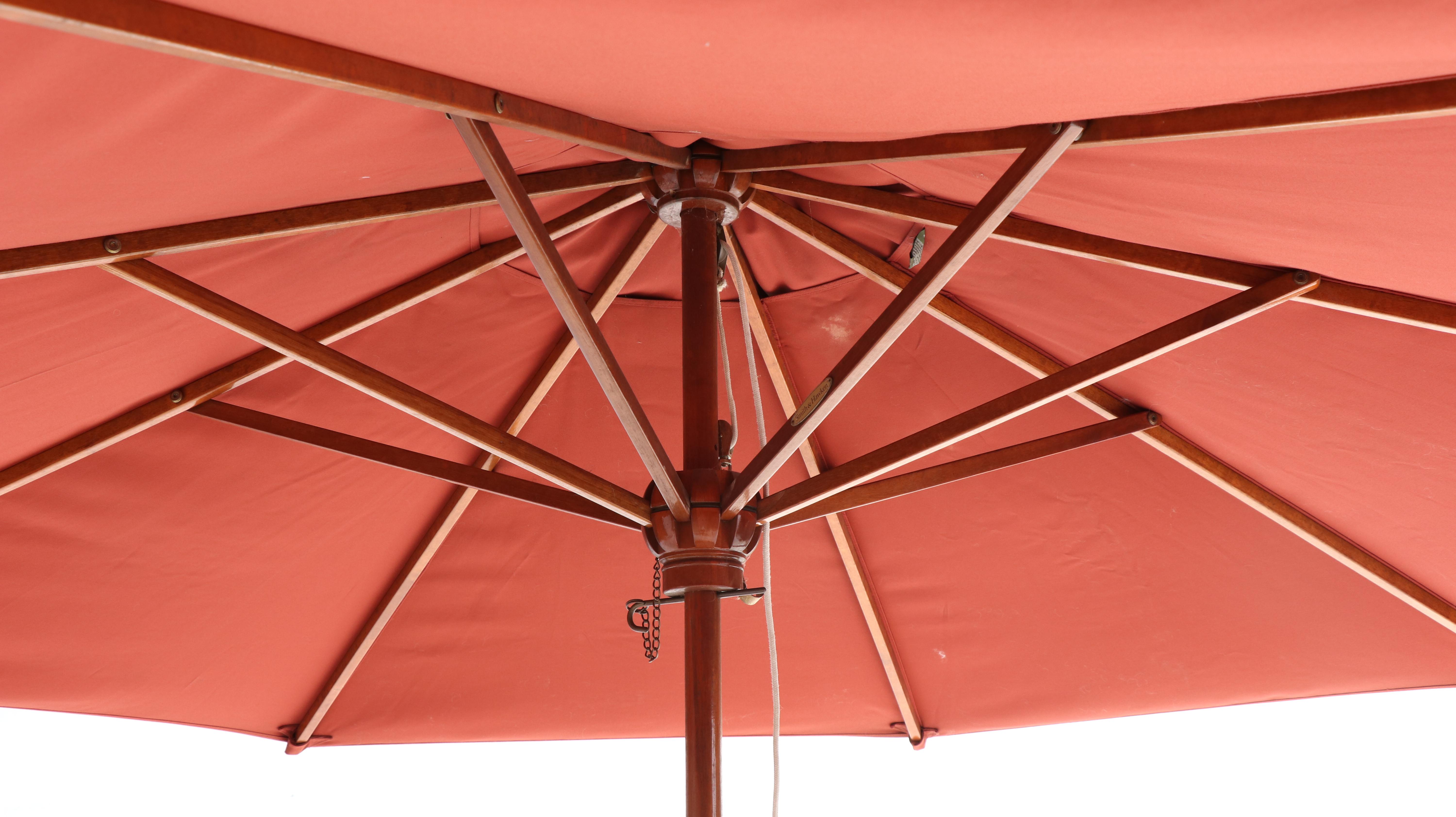 Wicker and Slatted Teak Patio Dining Table with Umbrella, Incl. Smith & Hawken