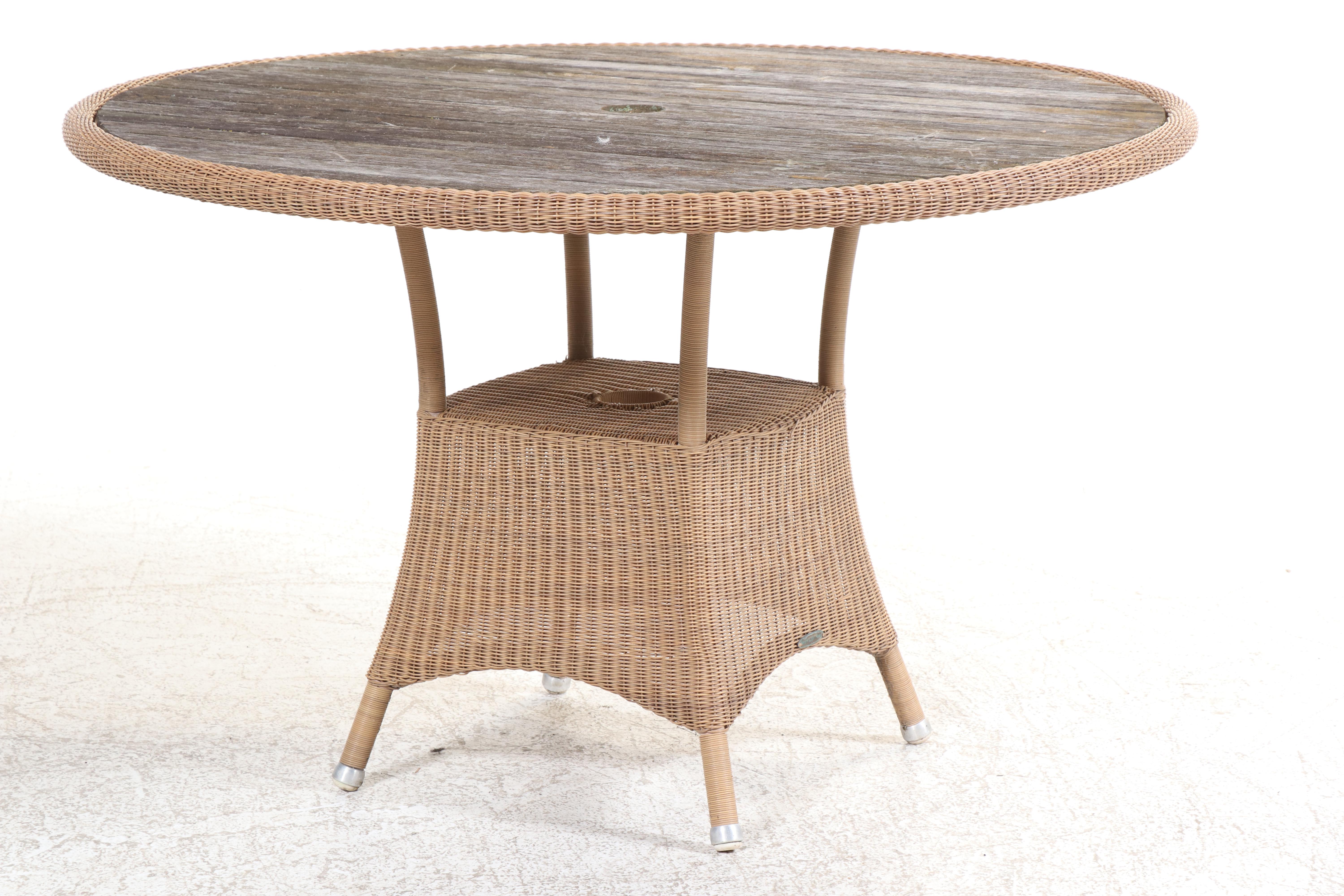 Wicker and Slatted Teak Patio Dining Table with Umbrella, Incl. Smith & Hawken