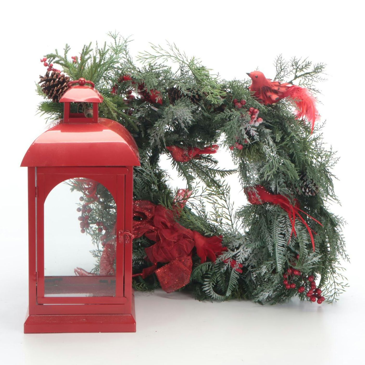 Red Candle Lantern and Artificial Christmas Wreath