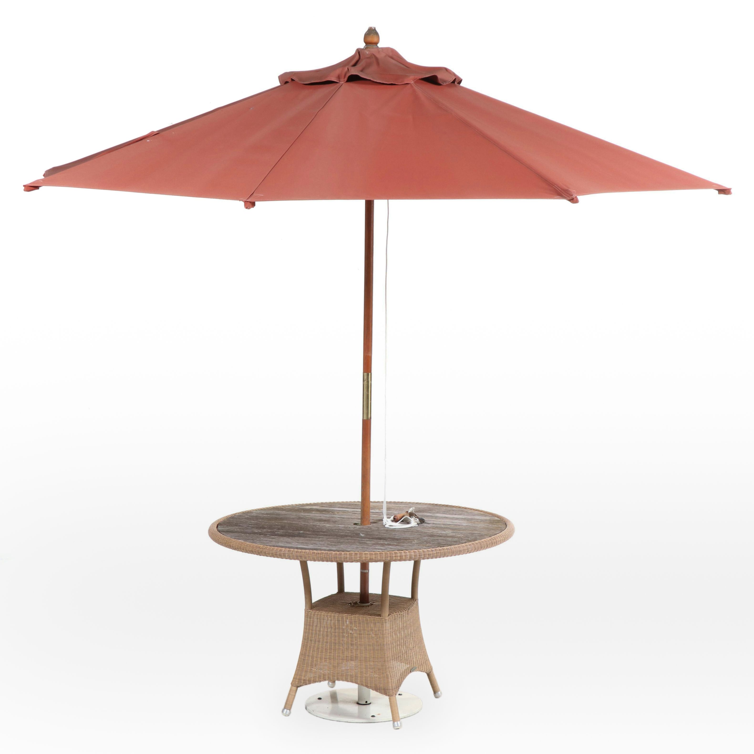 Wicker and Slatted Teak Patio Dining Table with Umbrella, Incl. Smith & Hawken